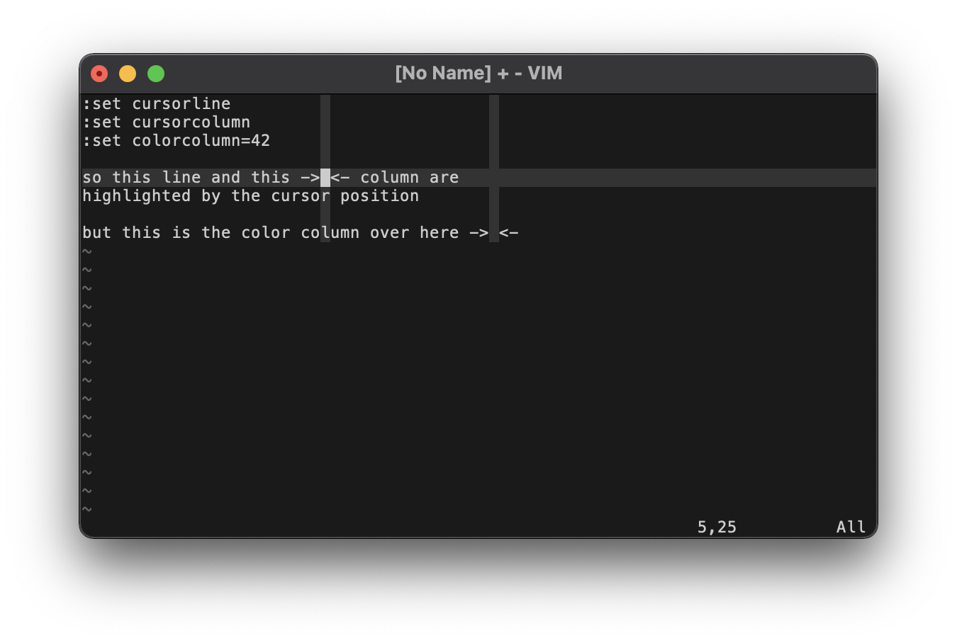 Screenshot showing the cursor line, cursor column, and color column.