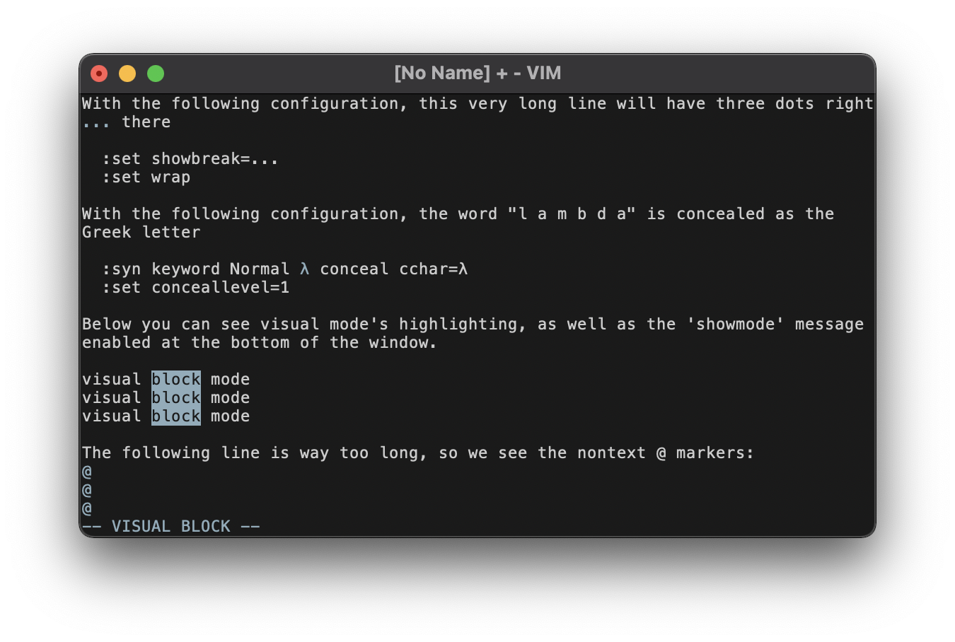 Screenshot showing various special text scenarios, as well as visual mode.