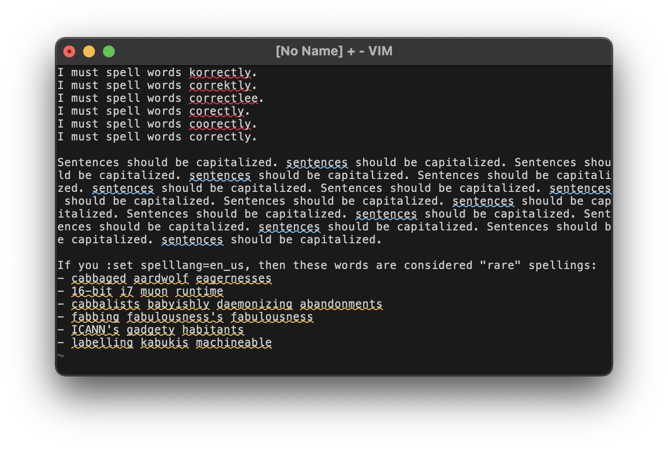 Screenshot showing various spelling error situations.