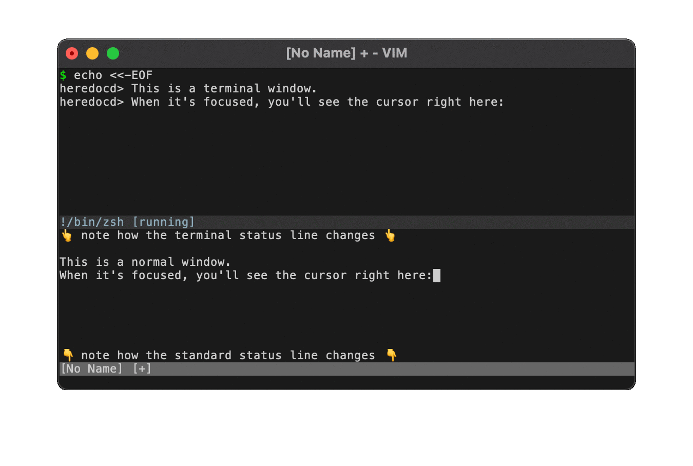 Animated screenshot of a horizontal split where the status lines are shown for both the top and bottom windows. The top is a terminal window, the bottom is a normal window. In the animation, focus goes back & forth between the two windows, alternately focusing either the top terminal or the bottom buffer to show how the status lines change. You can also see the cursor move as focus changes.