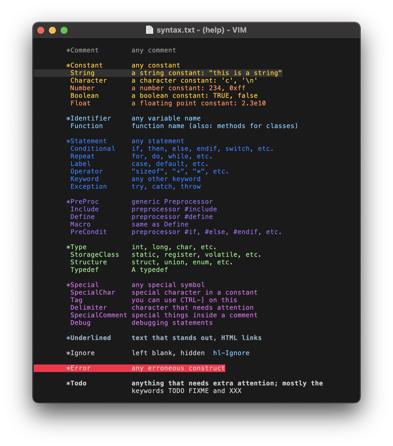 Screenshot of the syntax groups as seen in :h group-name.