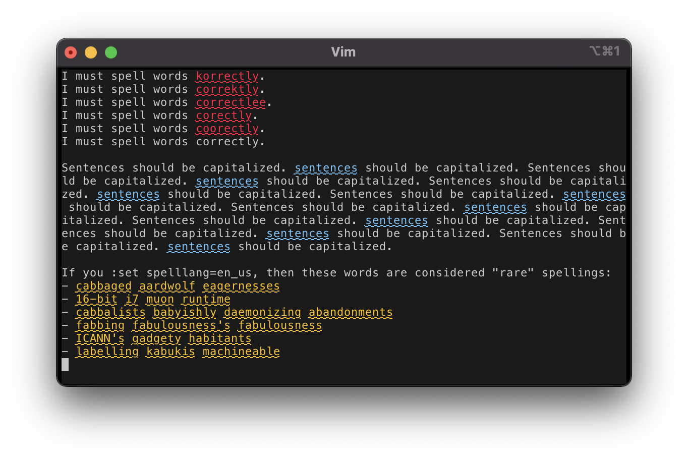 Screenshot of various spelling error situations in terminal Vim using iTerm2.