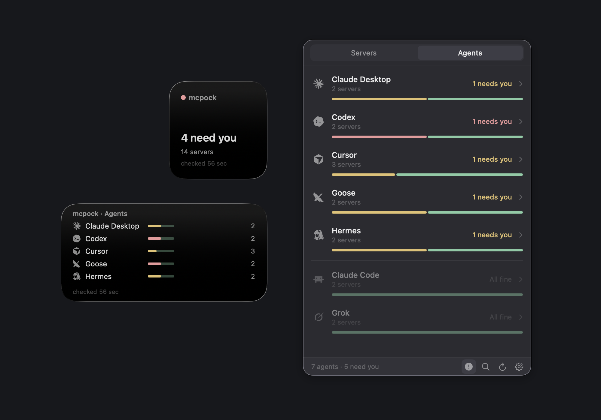 mcpock's Agents tab (made-up demo servers): one row per agent with a small health bar and how many of its servers need you; agents with nothing wrong are listed below, faded. On the left, the Status desktop widget (4 need you, 14 servers) and the Agents widget with a health bar per agent.