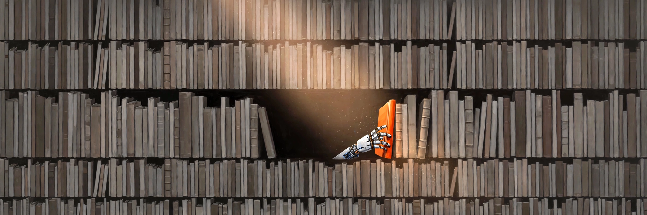 the_librarian — a wall of thousands of muted books; through the one gap, a robot hand pulls out the single orange book