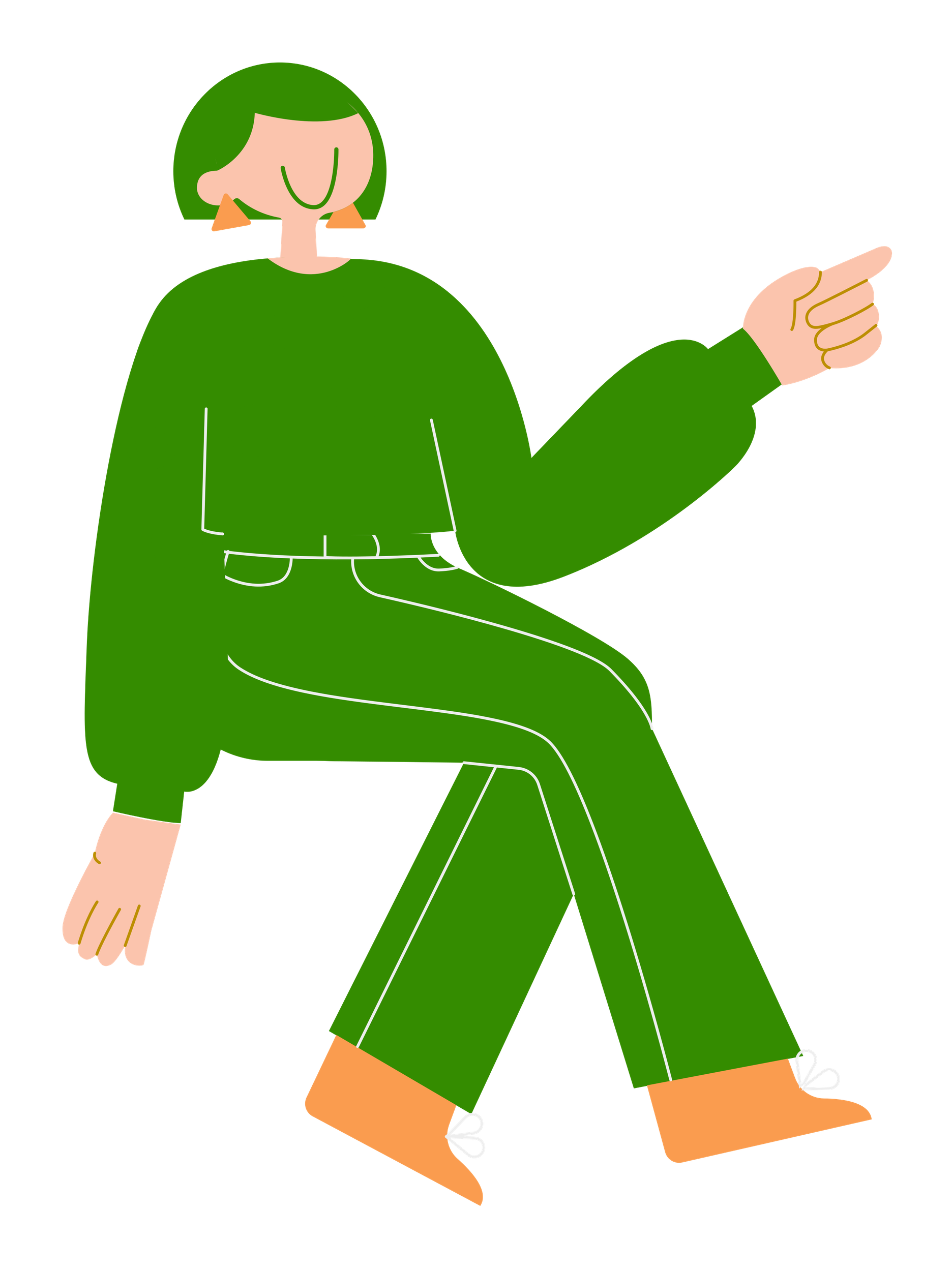 Peach Figure Sitting in Green and Pointing Up