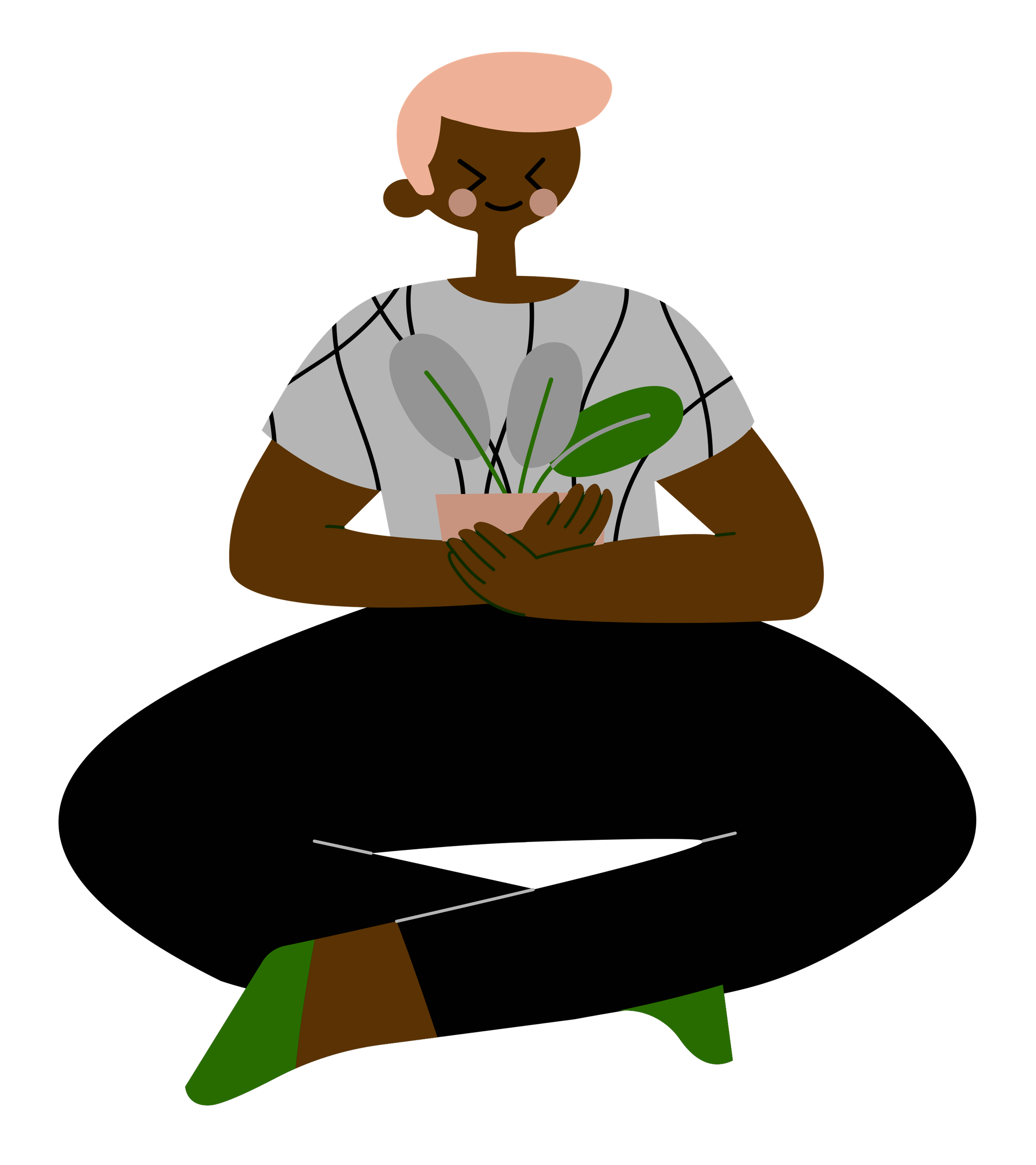 Brown Figure Sitting Holding Plants and Smiling
