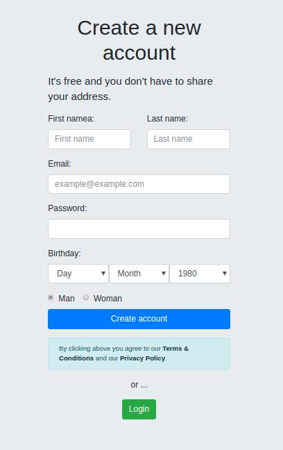 signup page