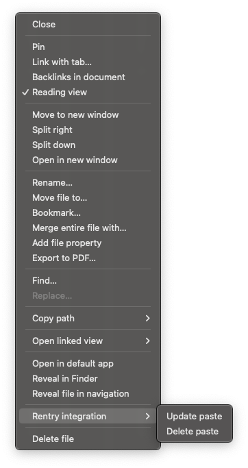 Rentry integration screenshot — File context menu showing Rentry integration actions to update or delete a paste.