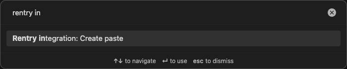 Rentry integration screenshot — Command palette showing the Rentry integration action to create a paste.