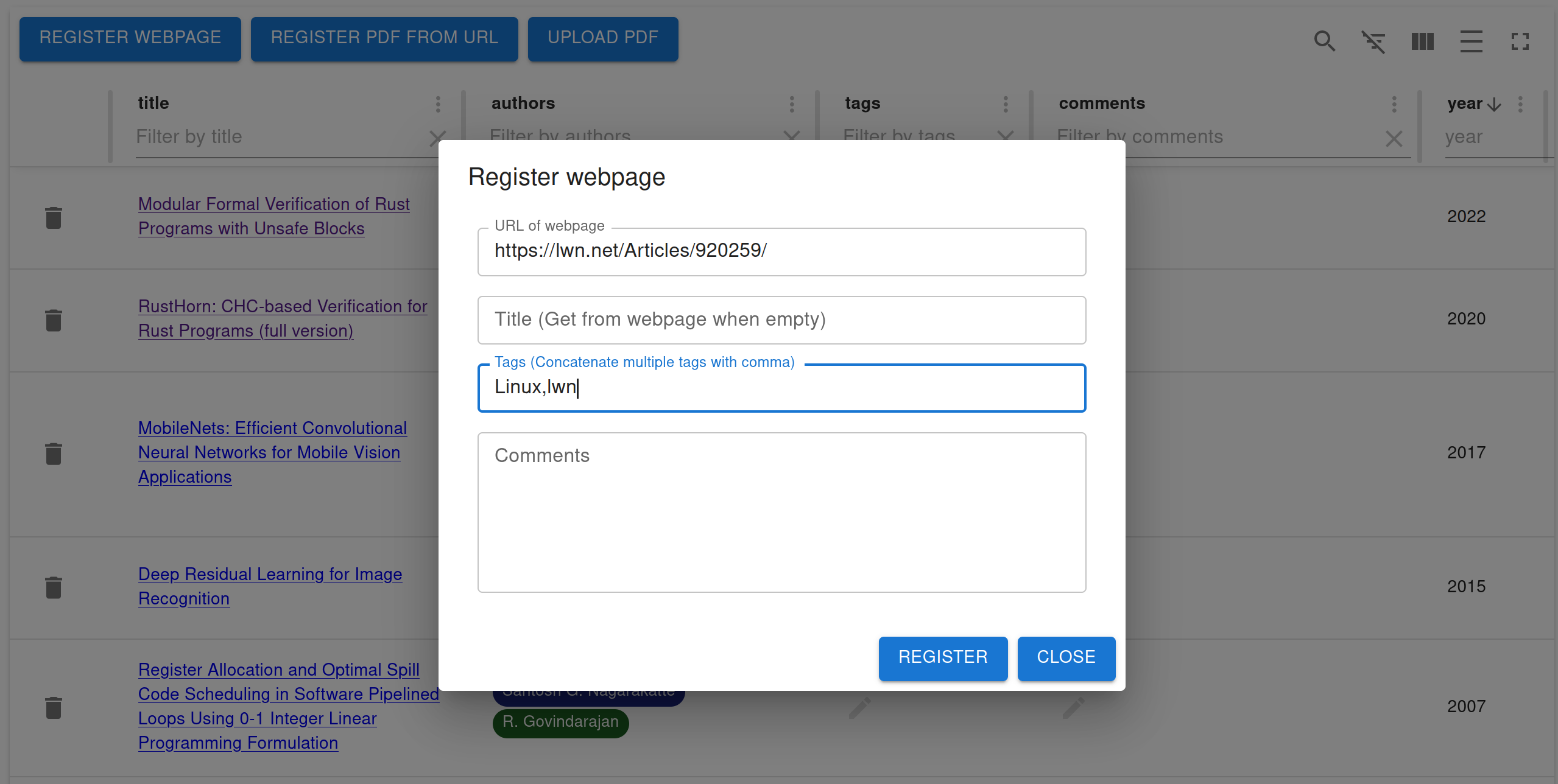 Register webpage Register webpage