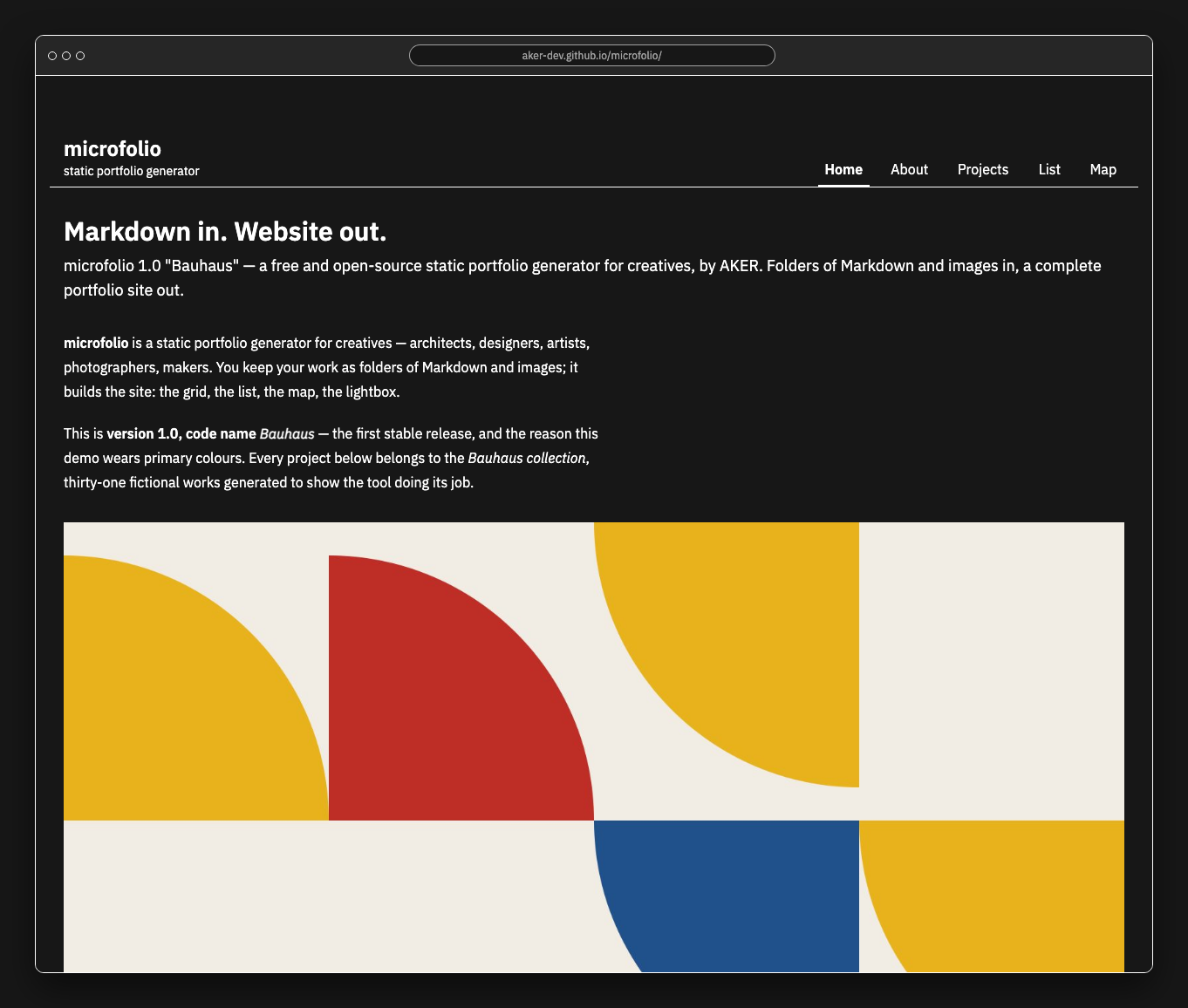 microfolio Homepage in dark mode