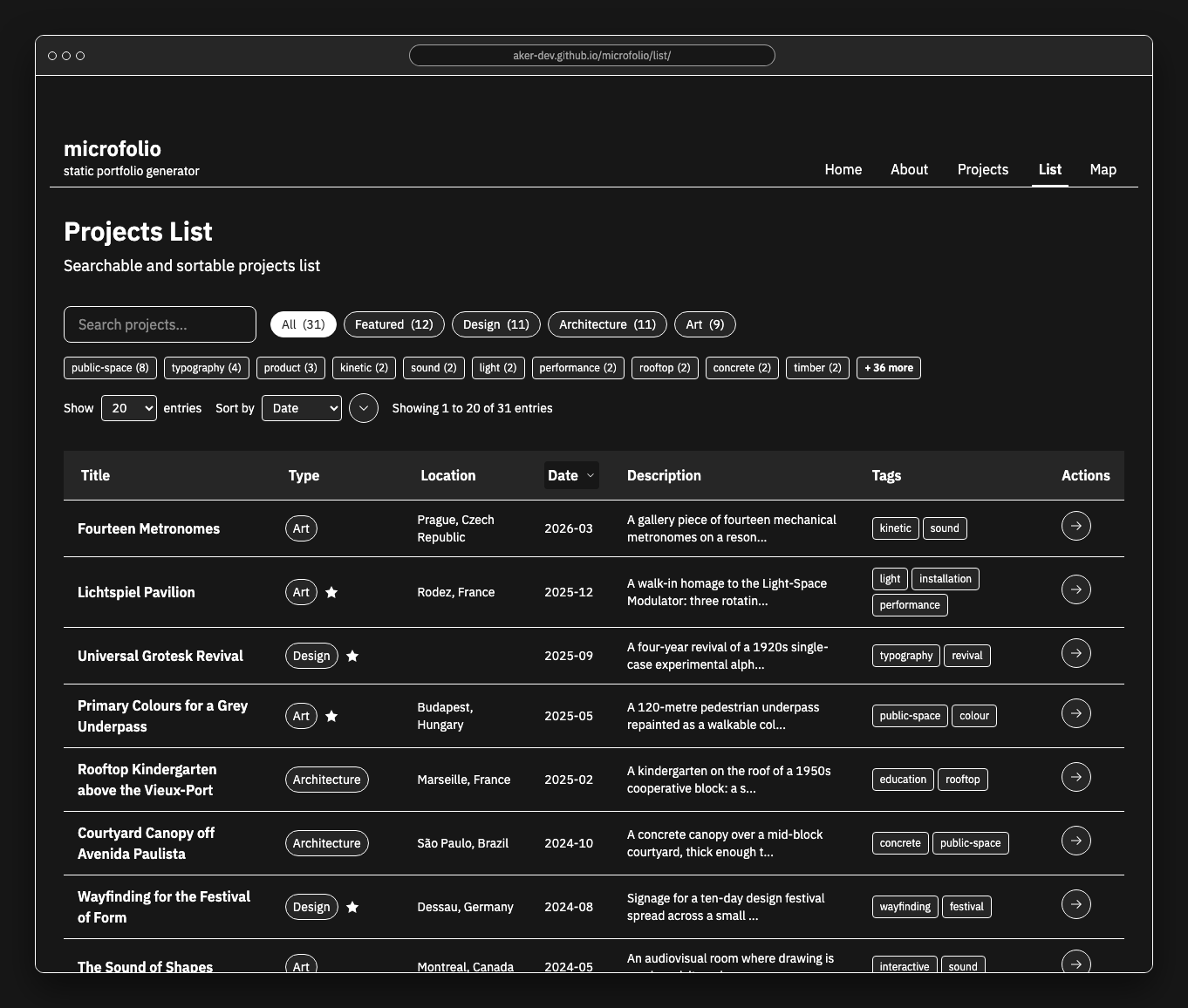 microfolio List view in dark mode