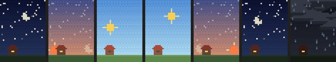 Night, dawn, morning, afternoon, dusk, night, and a rainy night