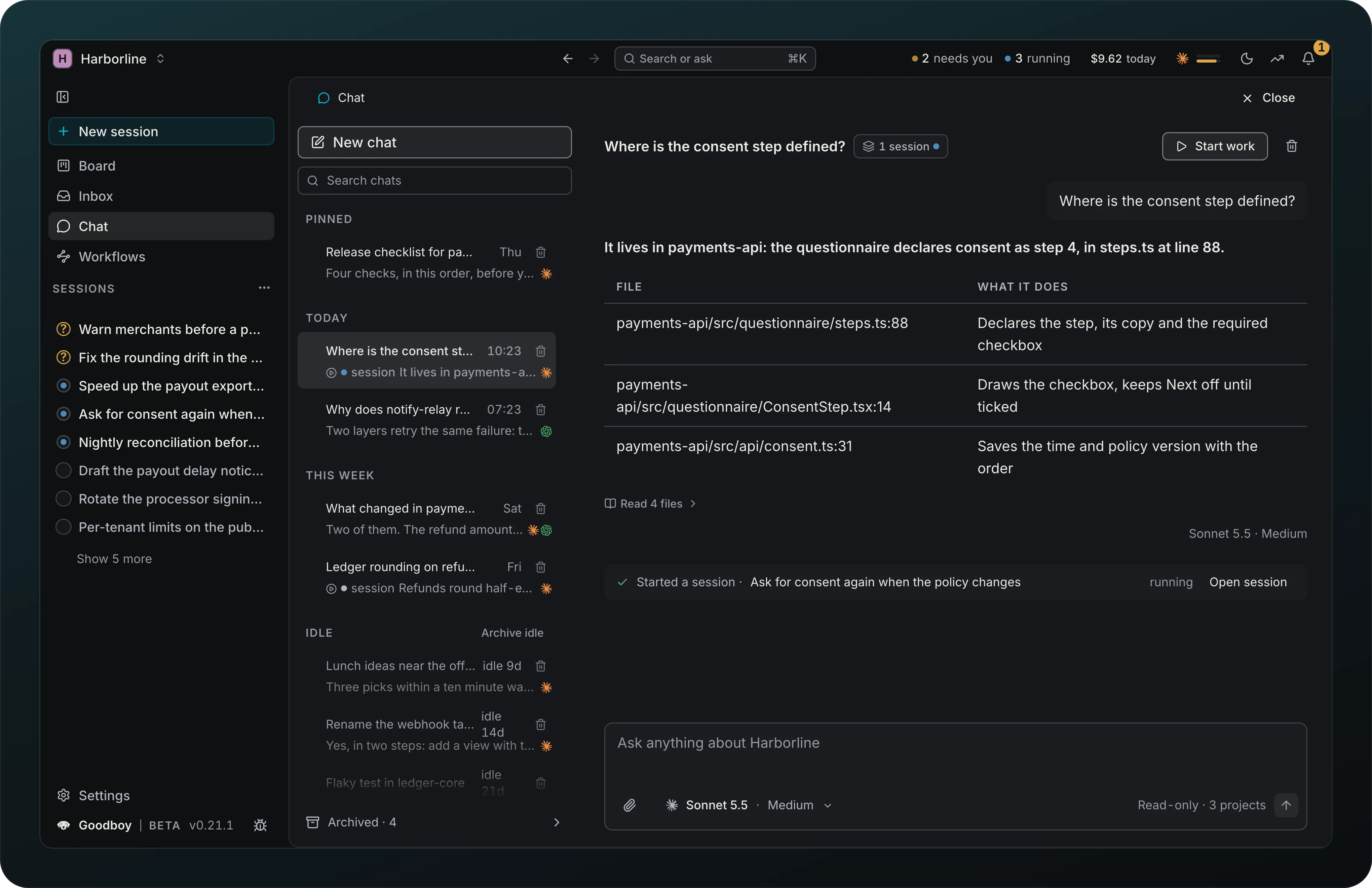 Chat in Harborline, opened from the left column beside the Sessions list: the chat list grouped by Pinned, Today, This week and Idle with Archive idle and Archived 4, session marks on two chats, and the answer to Where is the consent step defined? as a table of three payments-api files with Read 4 files, Sonnet 5.5 · Medium under it and a Started a session note, below the header chip 1 session and above a message box that reads Sonnet 5.5 · Medium and Read-only · 3 projects