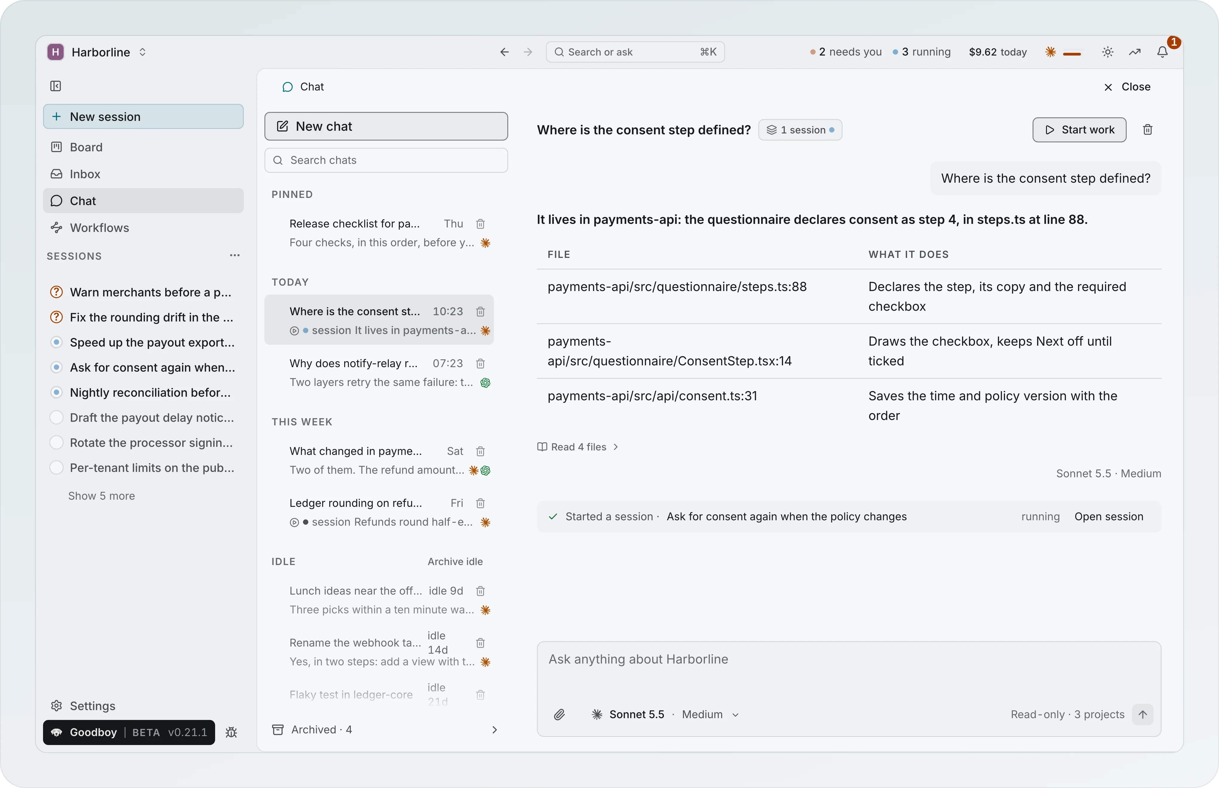Chat in Harborline, opened from the left column beside the Sessions list: the chat list grouped by Pinned, Today, This week and Idle with Archive idle and Archived 4, session marks on two chats, and the answer to Where is the consent step defined? as a table of three payments-api files with Read 4 files, Sonnet 5.5 · Medium under it and a Started a session note, below the header chip 1 session and above a message box that reads Sonnet 5.5 · Medium and Read-only · 3 projects