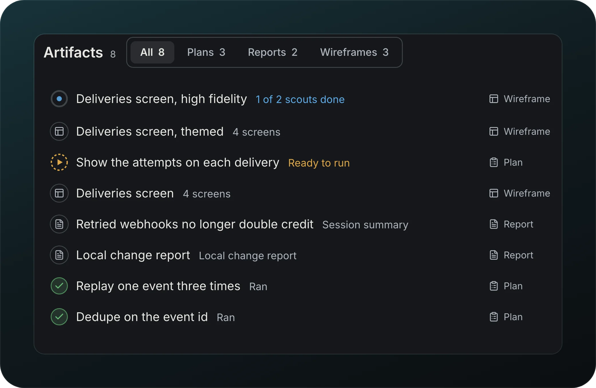 The Artifacts list of the Harborline session, 8 items under the tabs All, Plans, Reports and Wireframes: a wireframe at 1 of 2 scouts done, Deliveries screen with 4 screens, a plan marked Ready to run, two reports and two plans marked Ran, each with its kind on the right