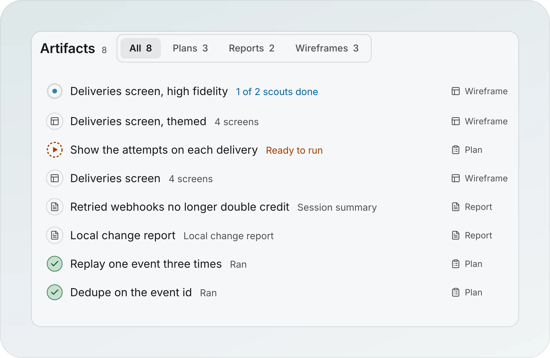 The Artifacts list of the Harborline session, 8 items under the tabs All, Plans, Reports and Wireframes: a wireframe at 1 of 2 scouts done, Deliveries screen with 4 screens, a plan marked Ready to run, two reports and two plans marked Ran, each with its kind on the right