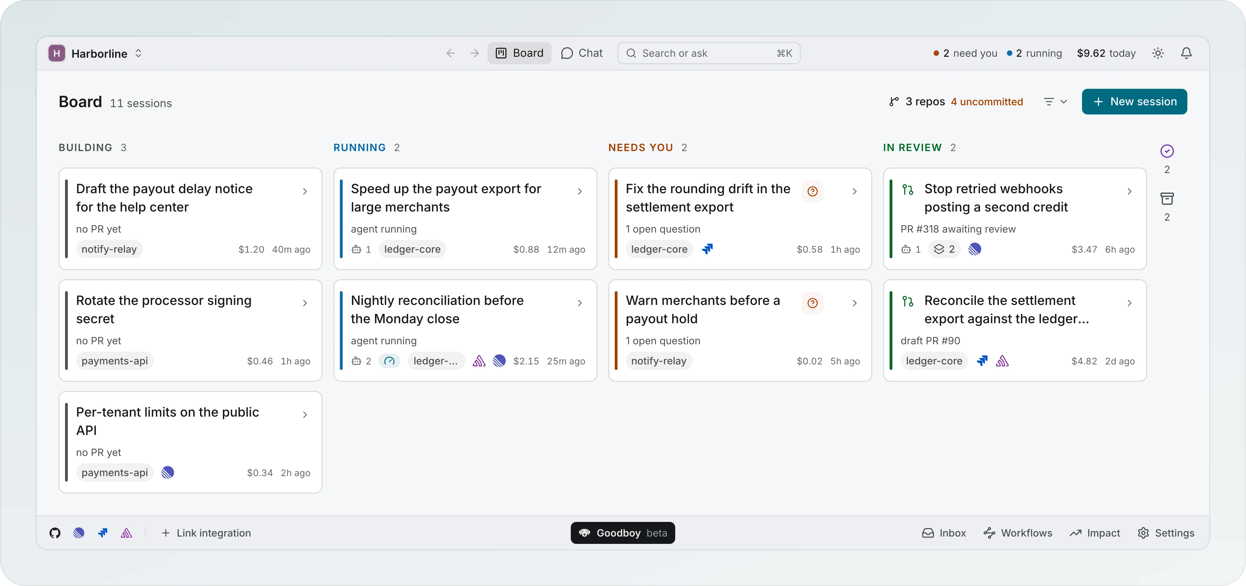 The Harborline board with its sessions in six lanes: building, running, needs you, in review, done and archived, with the New session button at the top right