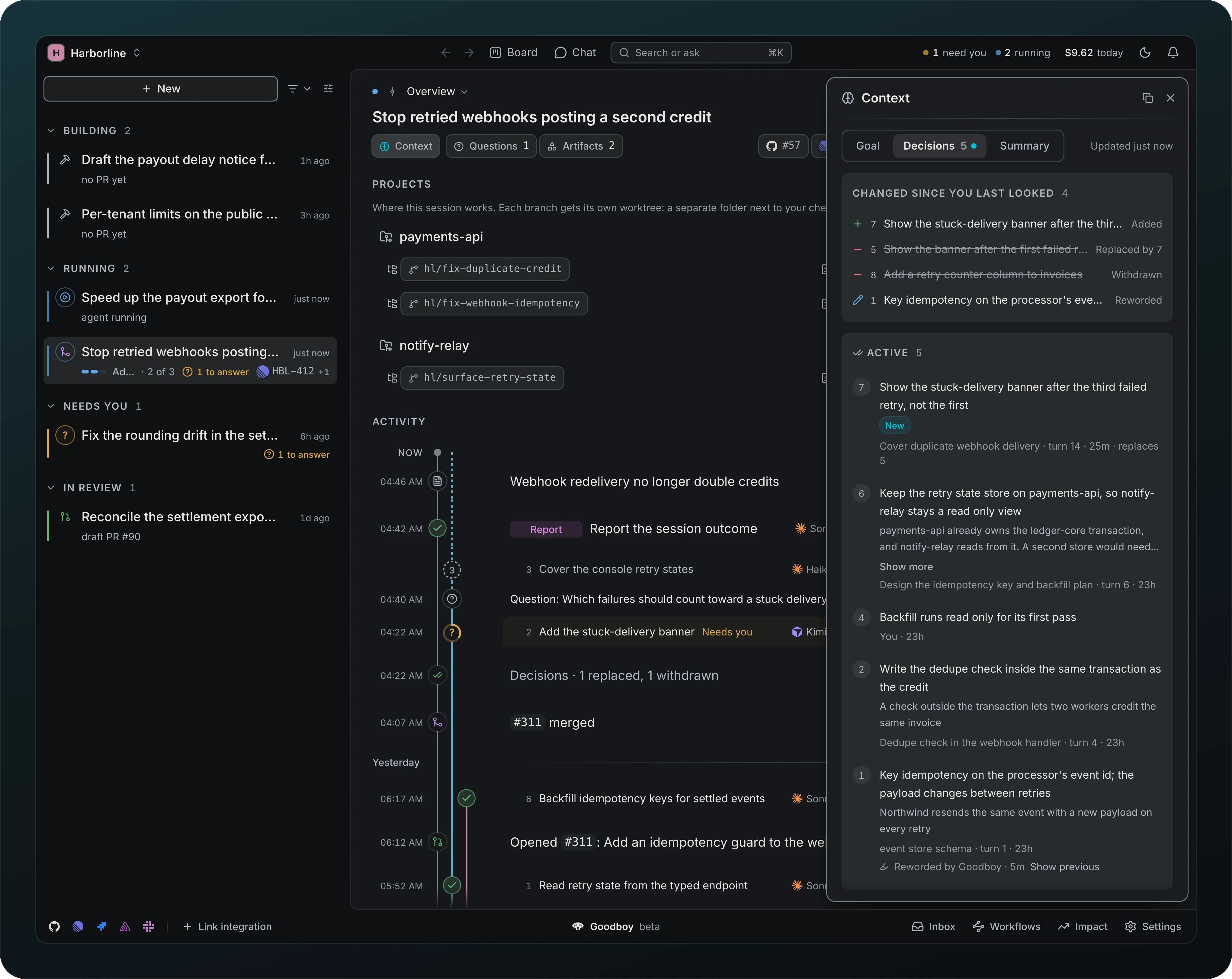 The Context drawer of the session Stop retried webhooks posting a second credit on Decisions 5, with Changed since you last looked (4 rows: Added, Replaced by 7, Withdrawn, Reworded) above the Active list