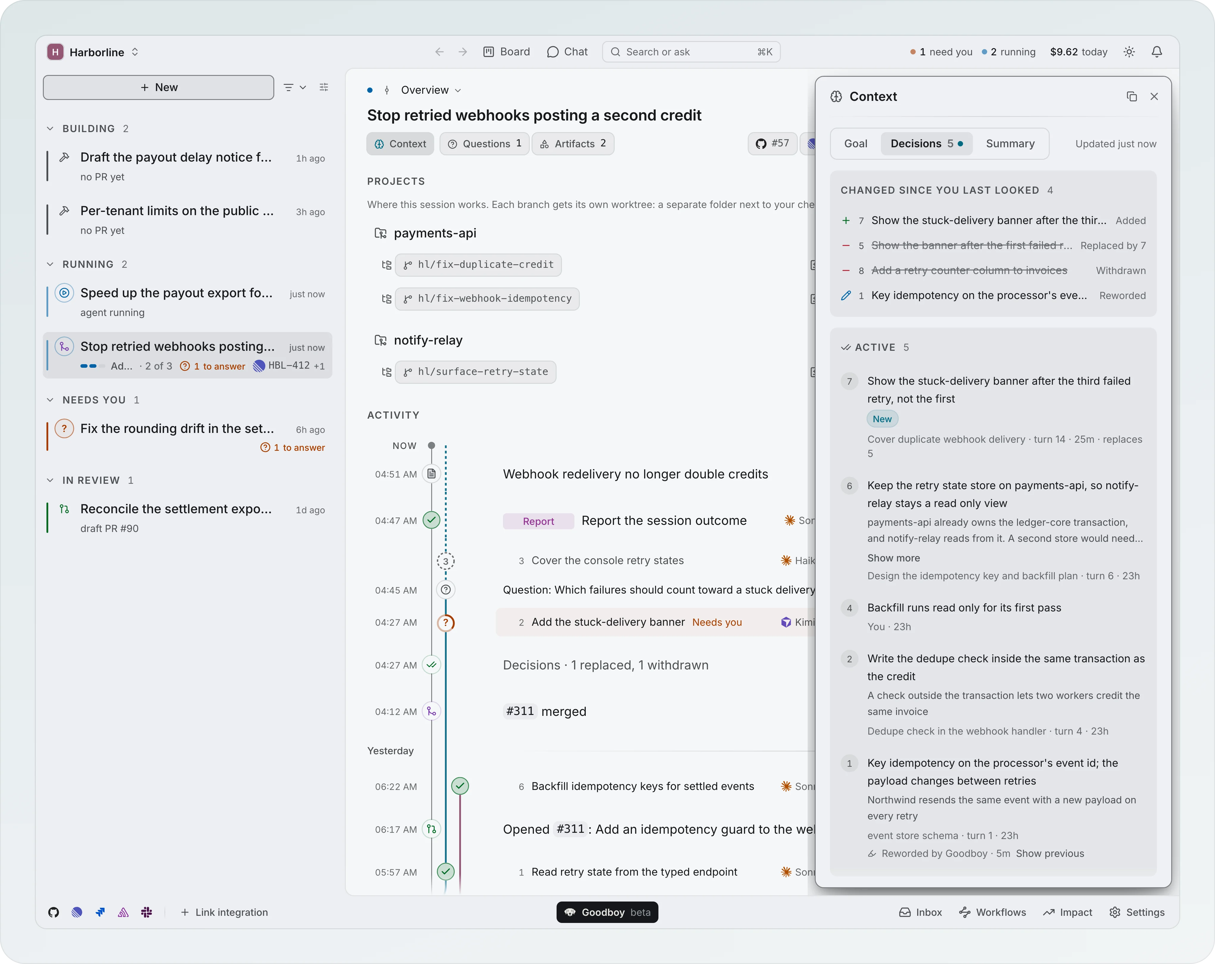 The Context drawer of the session Stop retried webhooks posting a second credit on Decisions 5, with Changed since you last looked (4 rows: Added, Replaced by 7, Withdrawn, Reworded) above the Active list