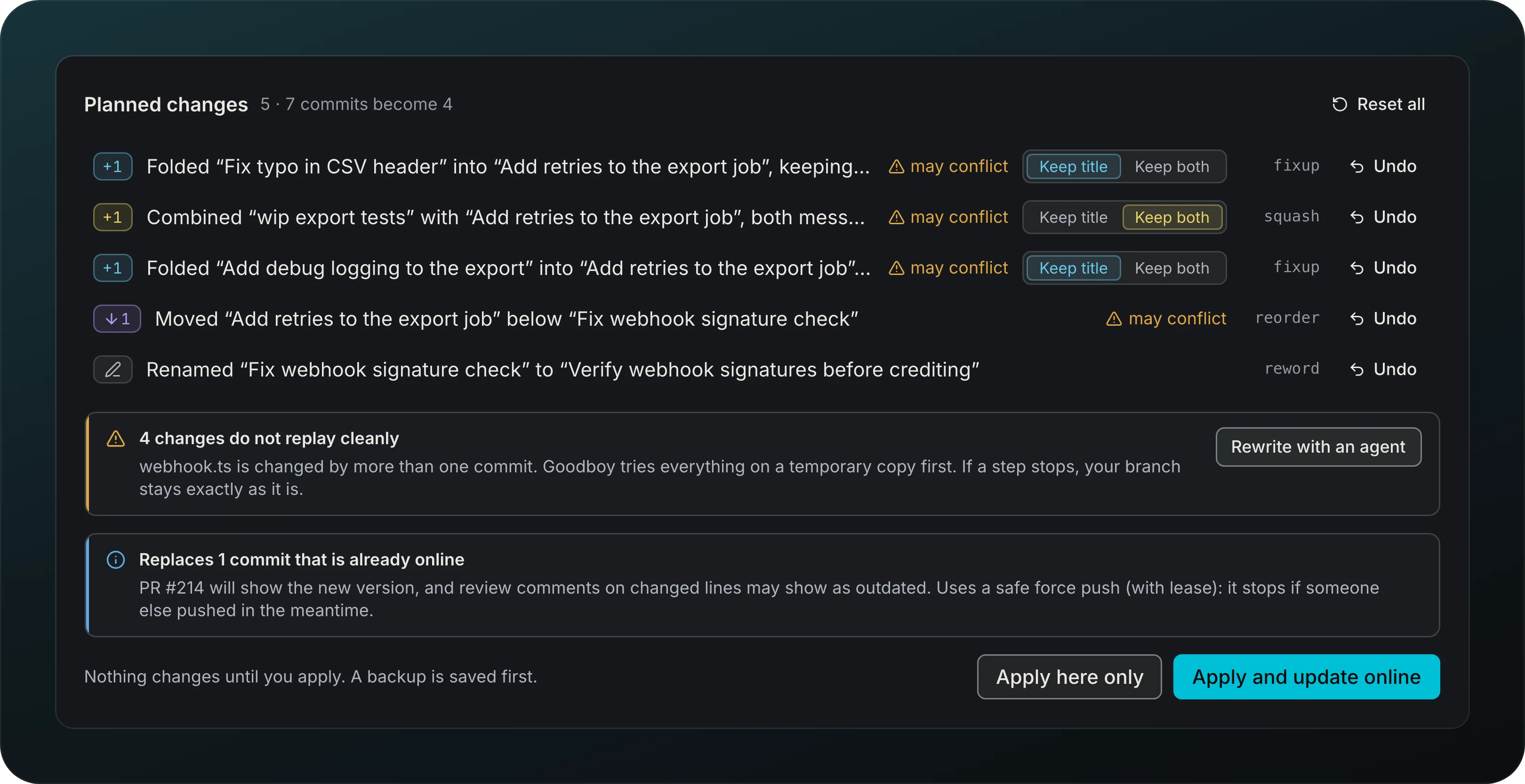 Planned changes with four changes marked may conflict, and the warning 4 changes do not replay cleanly: webhook.ts is changed by more than one commit, with a Rewrite with an agent button