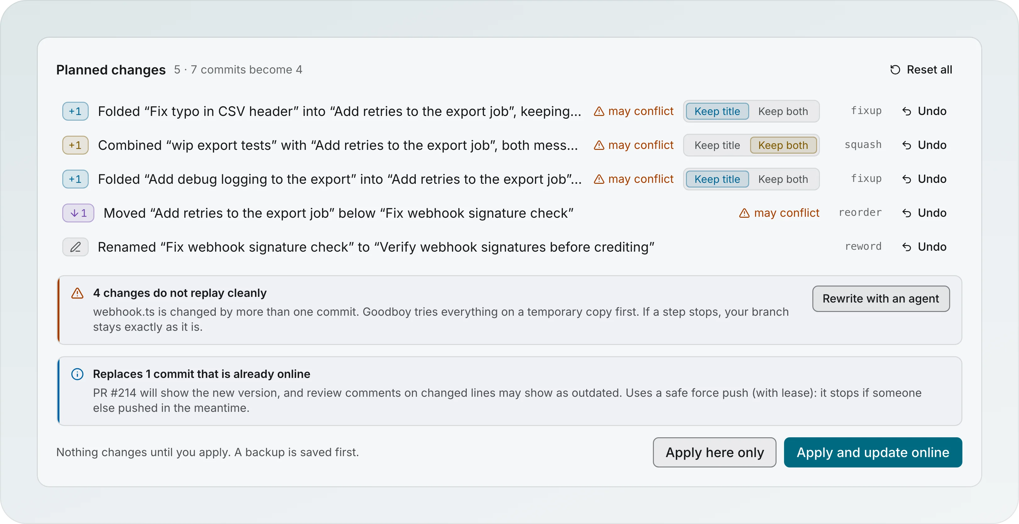Planned changes with four changes marked may conflict, and the warning 4 changes do not replay cleanly: webhook.ts is changed by more than one commit, with a Rewrite with an agent button