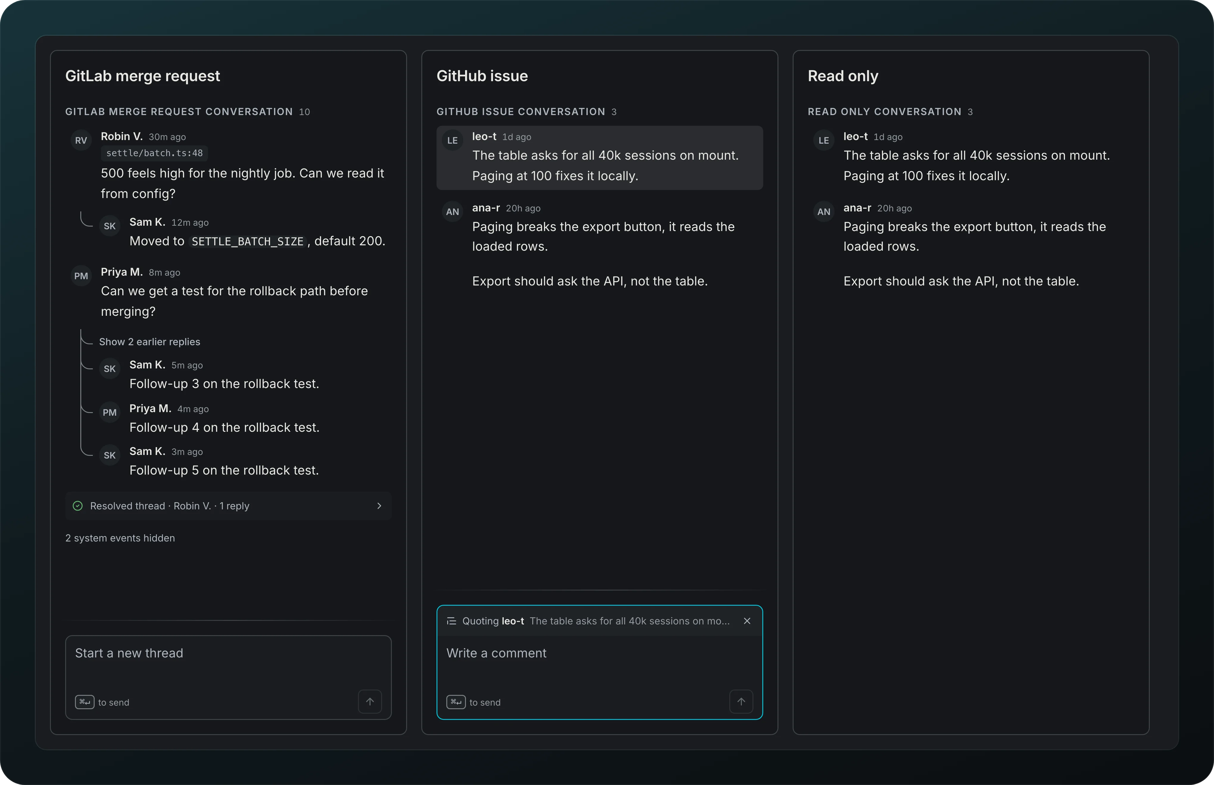 Three conversation panels: a GitLab merge request conversation with Robin V. and a threaded reply from Sam K., a Show 2 earlier replies fold and a Resolved thread row, a GitHub issue conversation quoting leo-t in the Write a comment box, and a read only conversation