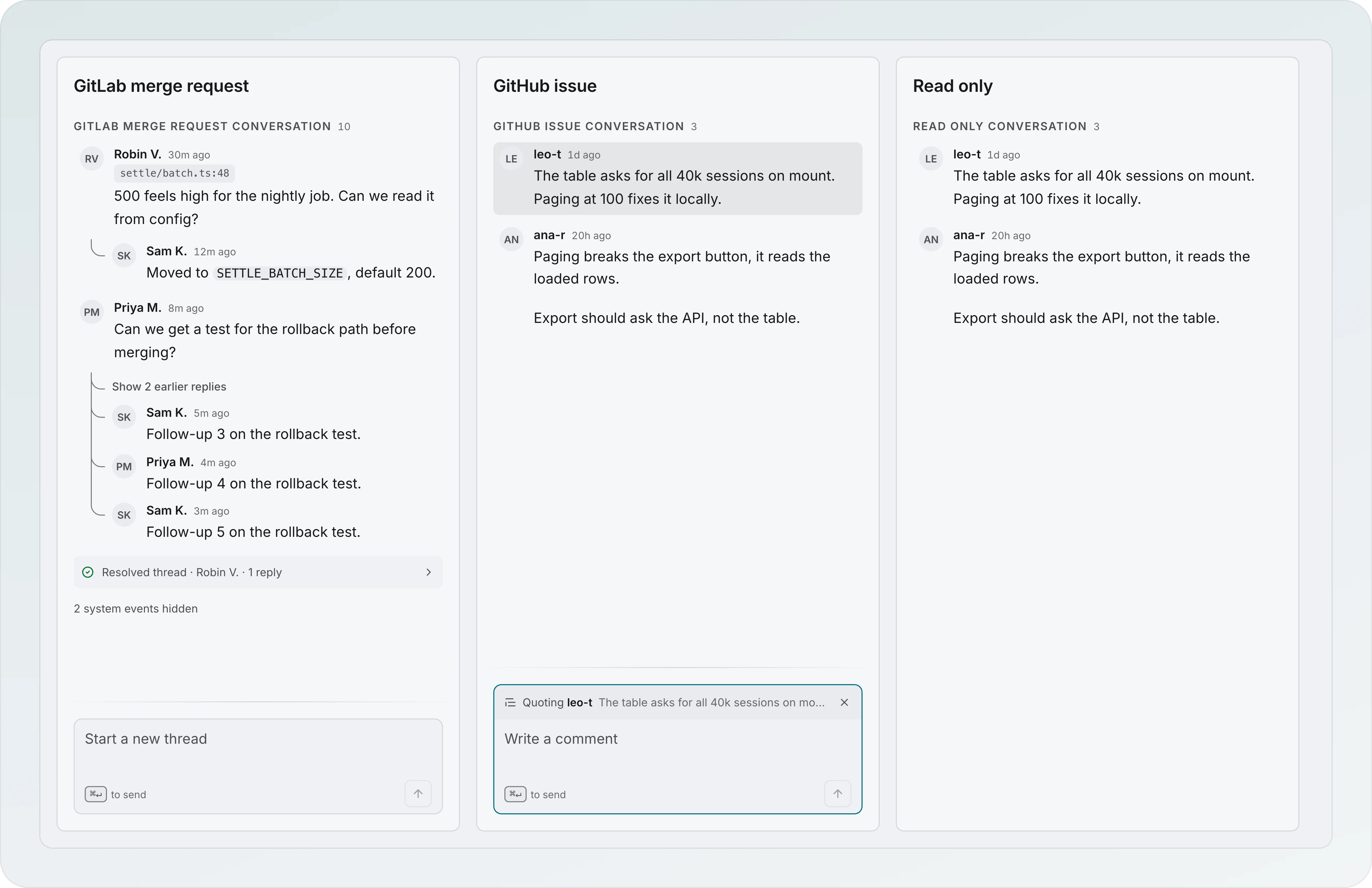Three conversation panels: a GitLab merge request conversation with Robin V. and a threaded reply from Sam K., a Show 2 earlier replies fold and a Resolved thread row, a GitHub issue conversation quoting leo-t in the Write a comment box, and a read only conversation