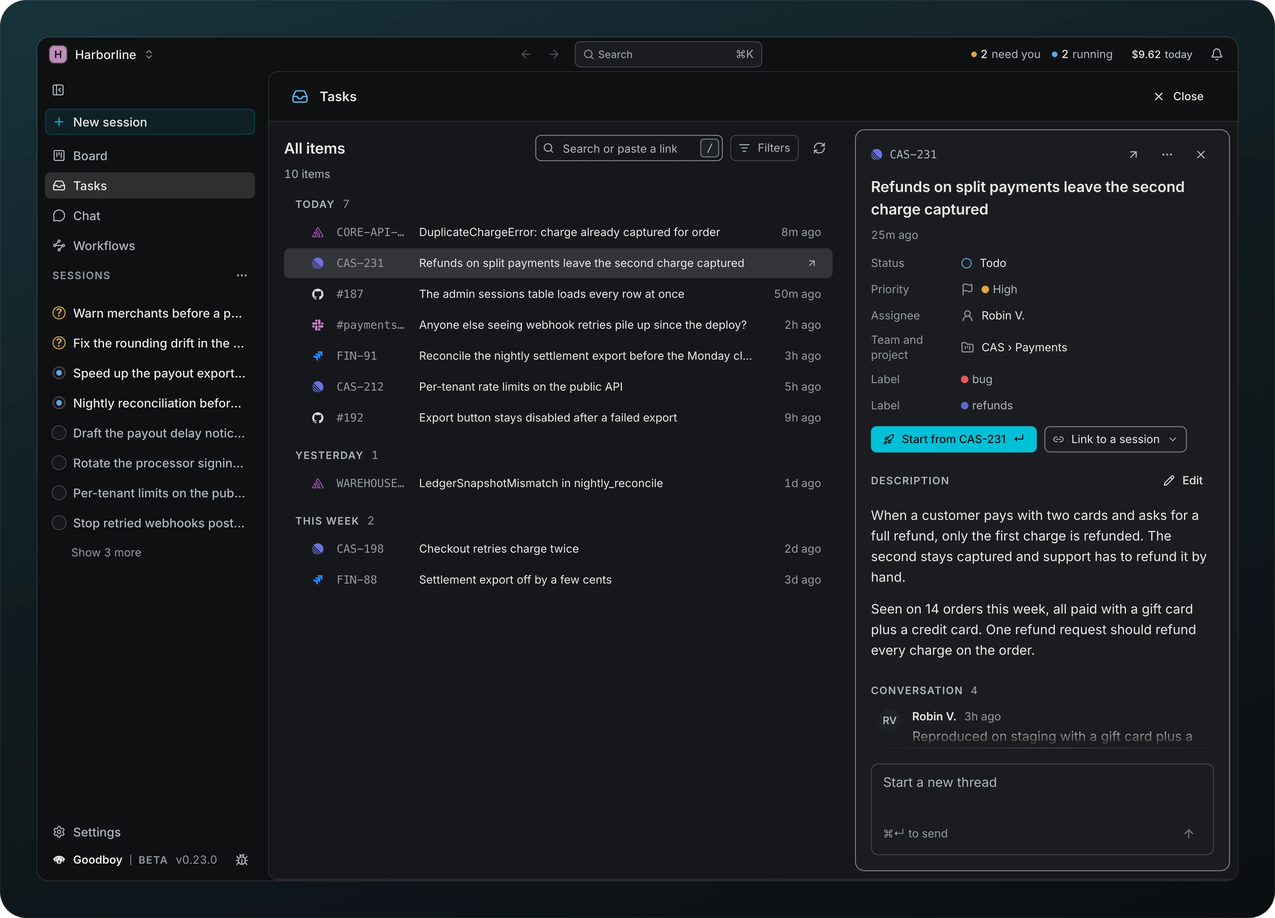 The Tasks page listing 10 items from Linear, GitHub, Jira, Sentry and Slack in Today, Yesterday and This week groups, with the search box and the Filters button, and Linear issue CAS-231 open on the right with Start from CAS-231 and Link to a session