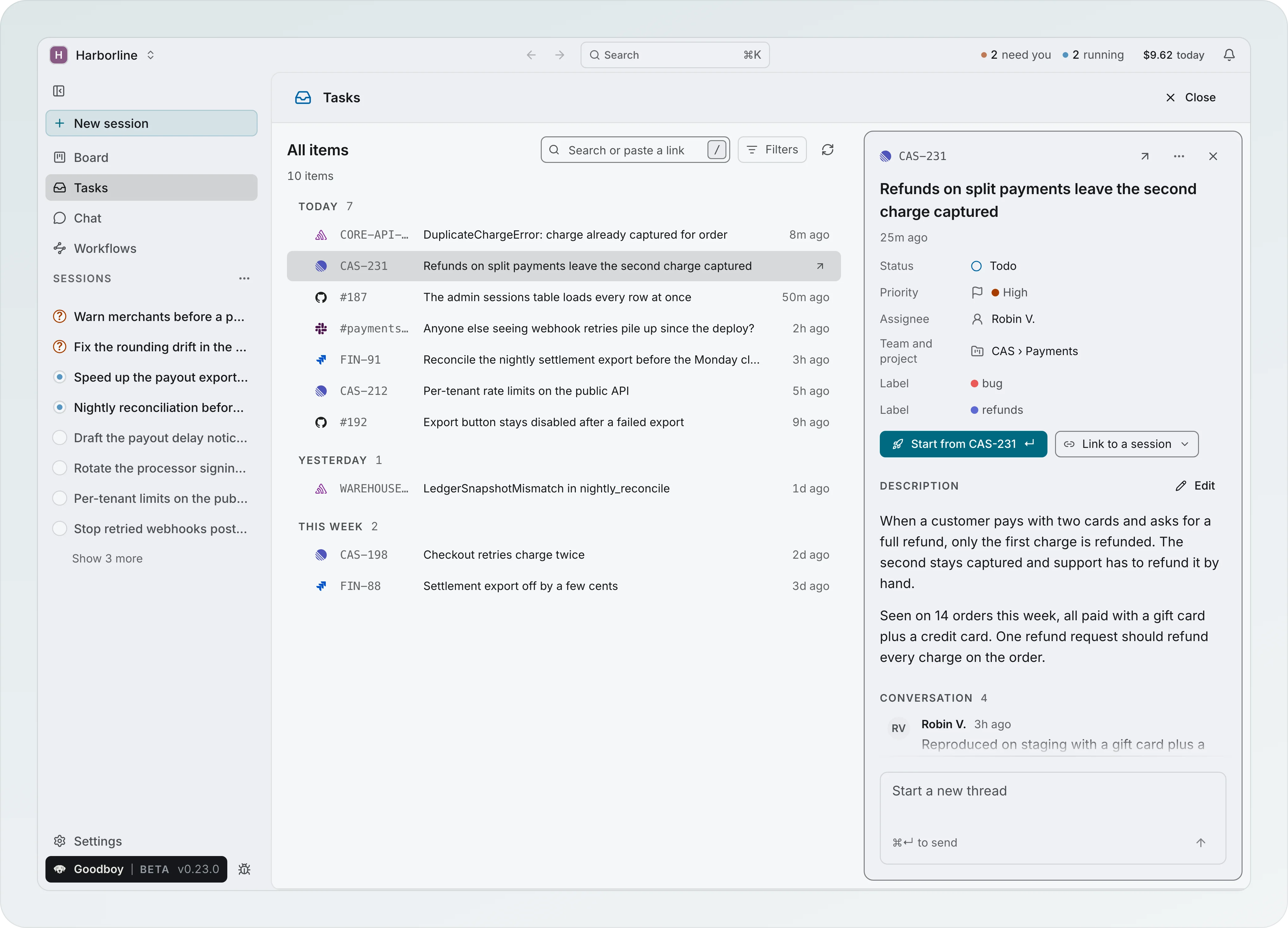 The Tasks page listing 10 items from Linear, GitHub, Jira, Sentry and Slack in Today, Yesterday and This week groups, with the search box and the Filters button, and Linear issue CAS-231 open on the right with Start from CAS-231 and Link to a session