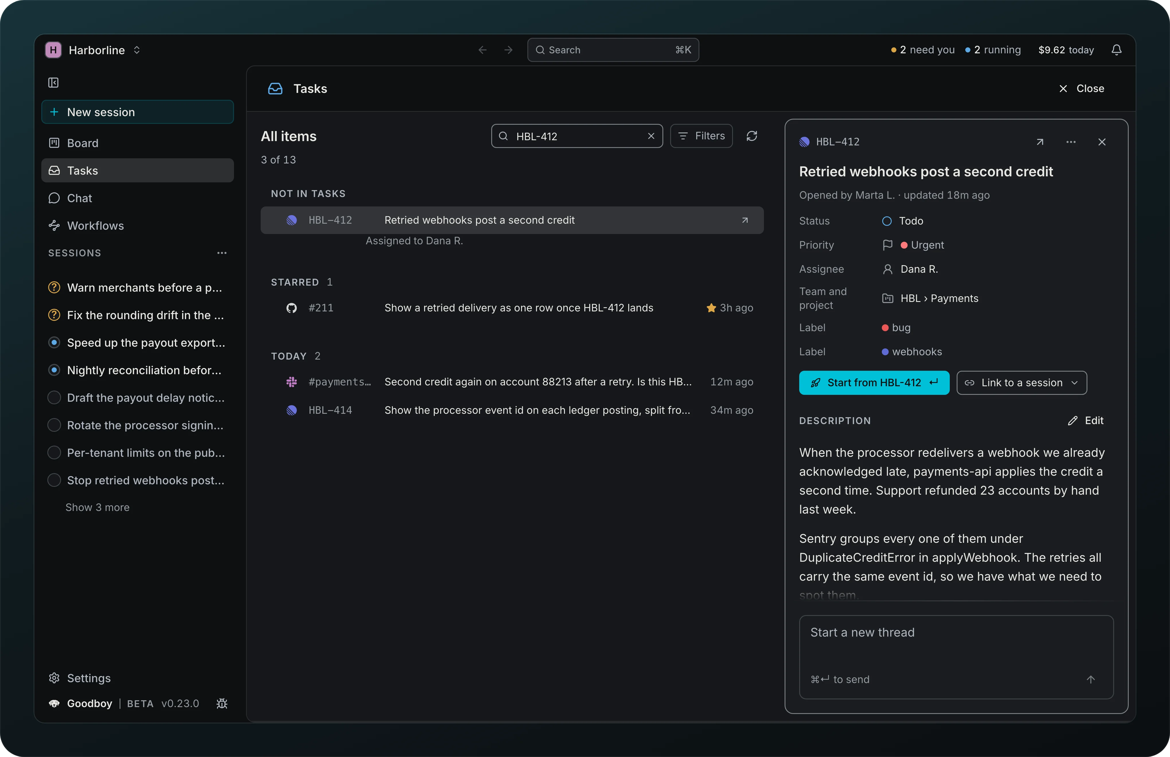 The Tasks search box holding HBL-412, with the Linear issue Retried webhooks post a second credit listed under Not in Tasks, Assigned to Dana R., above the Starred and Today groups, and its details open on the right with Start from HBL-412