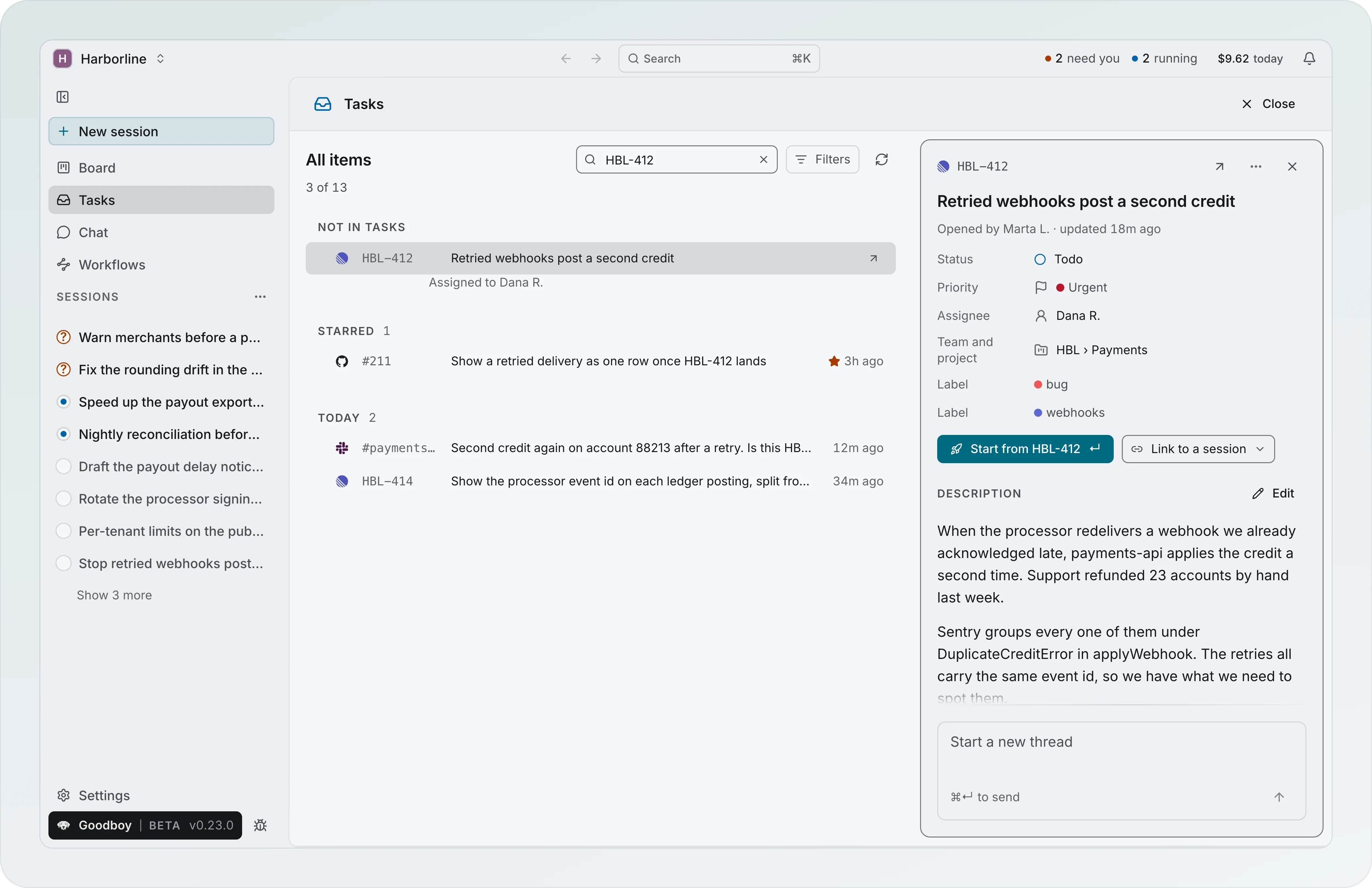 The Tasks search box holding HBL-412, with the Linear issue Retried webhooks post a second credit listed under Not in Tasks, Assigned to Dana R., above the Starred and Today groups, and its details open on the right with Start from HBL-412