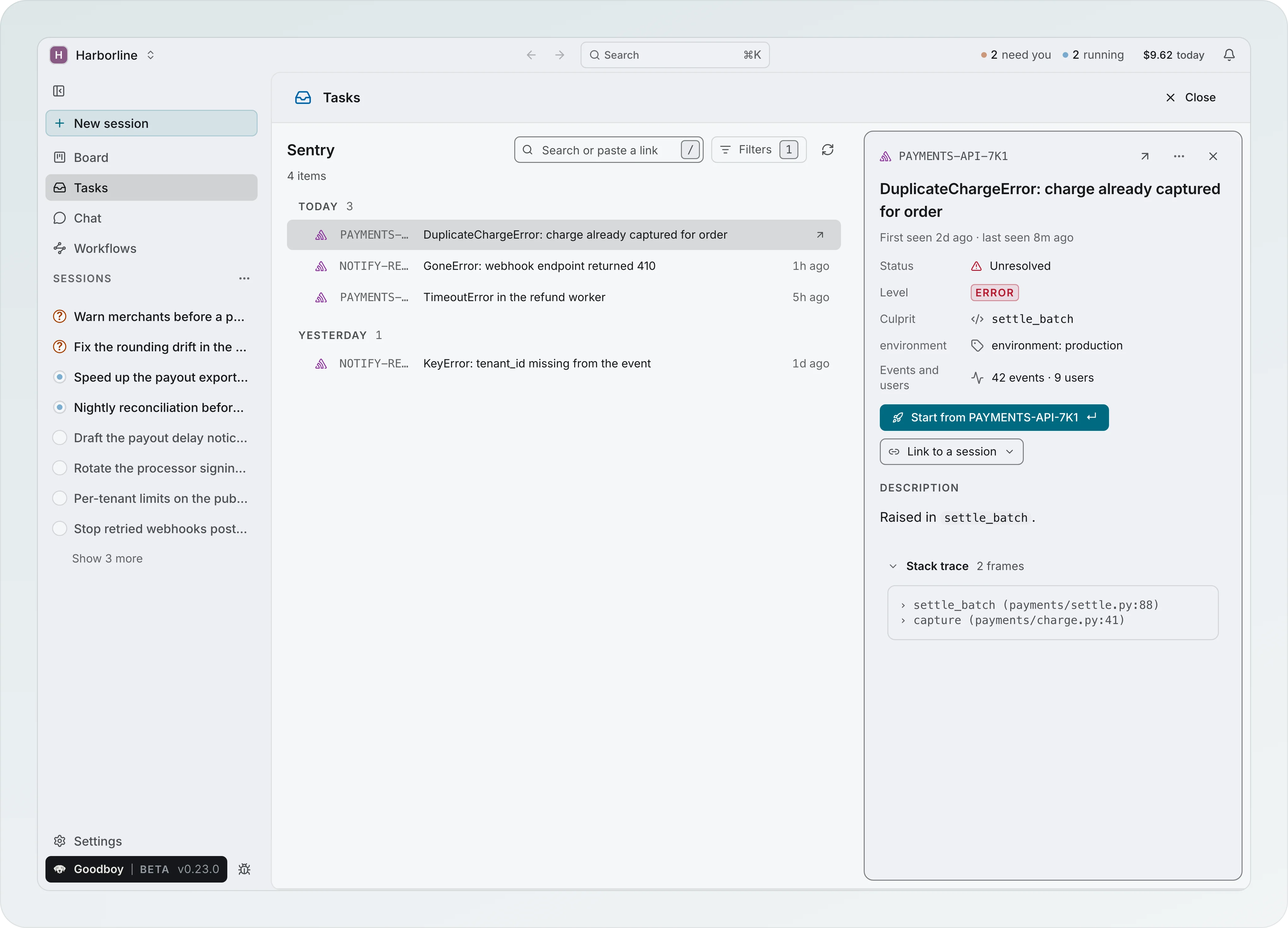 Tasks filtered to Sentry, 4 errors from payments-api and notify-relay in Today and Yesterday groups, with DuplicateChargeError: charge already captured for order open on the right, showing status Unresolved, culprit settle_batch, 42 events, 9 users, Start from PAYMENTS-API-7K1 and a 2 frame stack trace