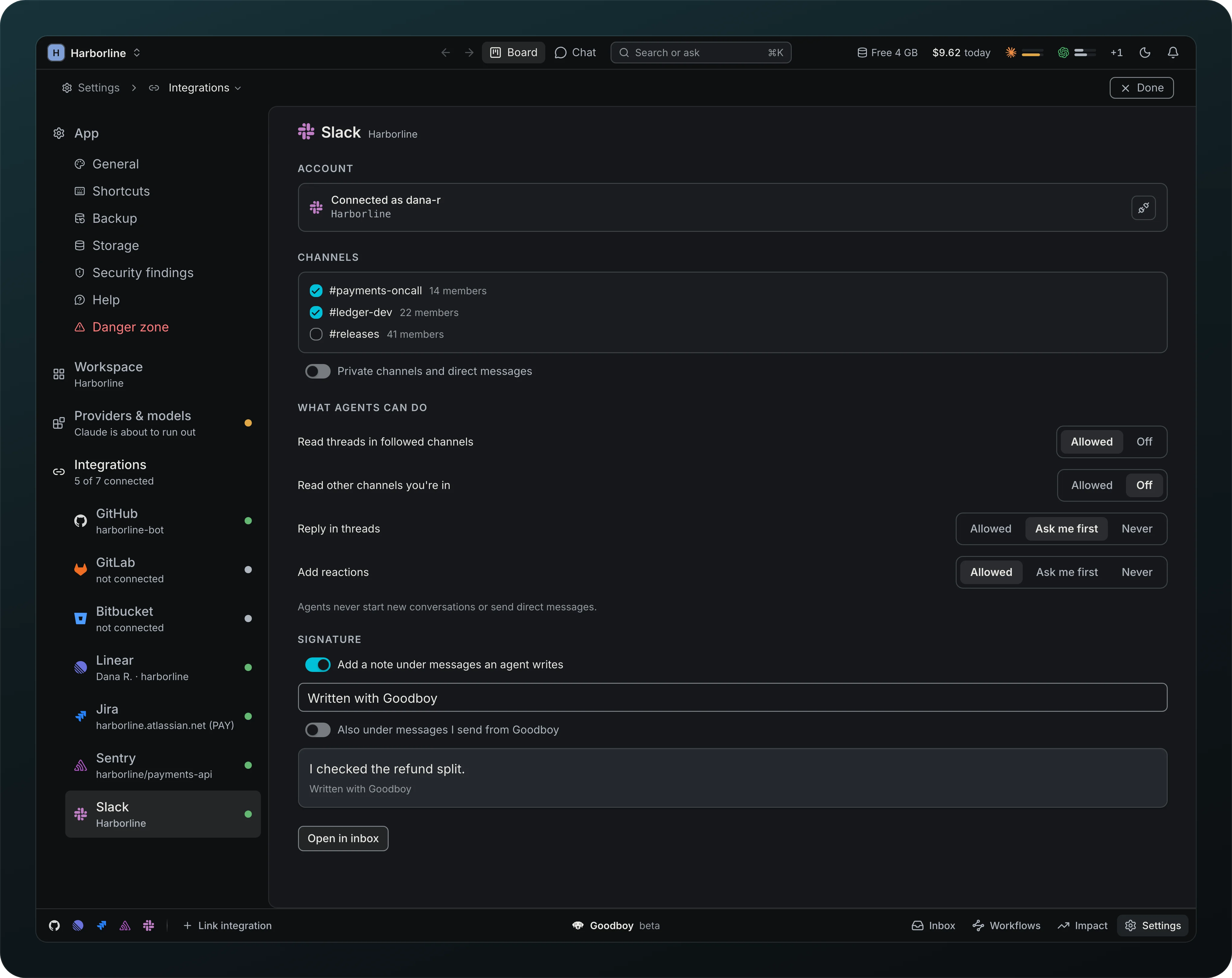Settings, Integrations, Slack for Harborline: the channels #payments-oncall and #ledger-dev picked, and under What agents can do, Read threads in followed channels Allowed, Read other channels you are in Off, Reply in threads Ask me first, Add reactions Allowed