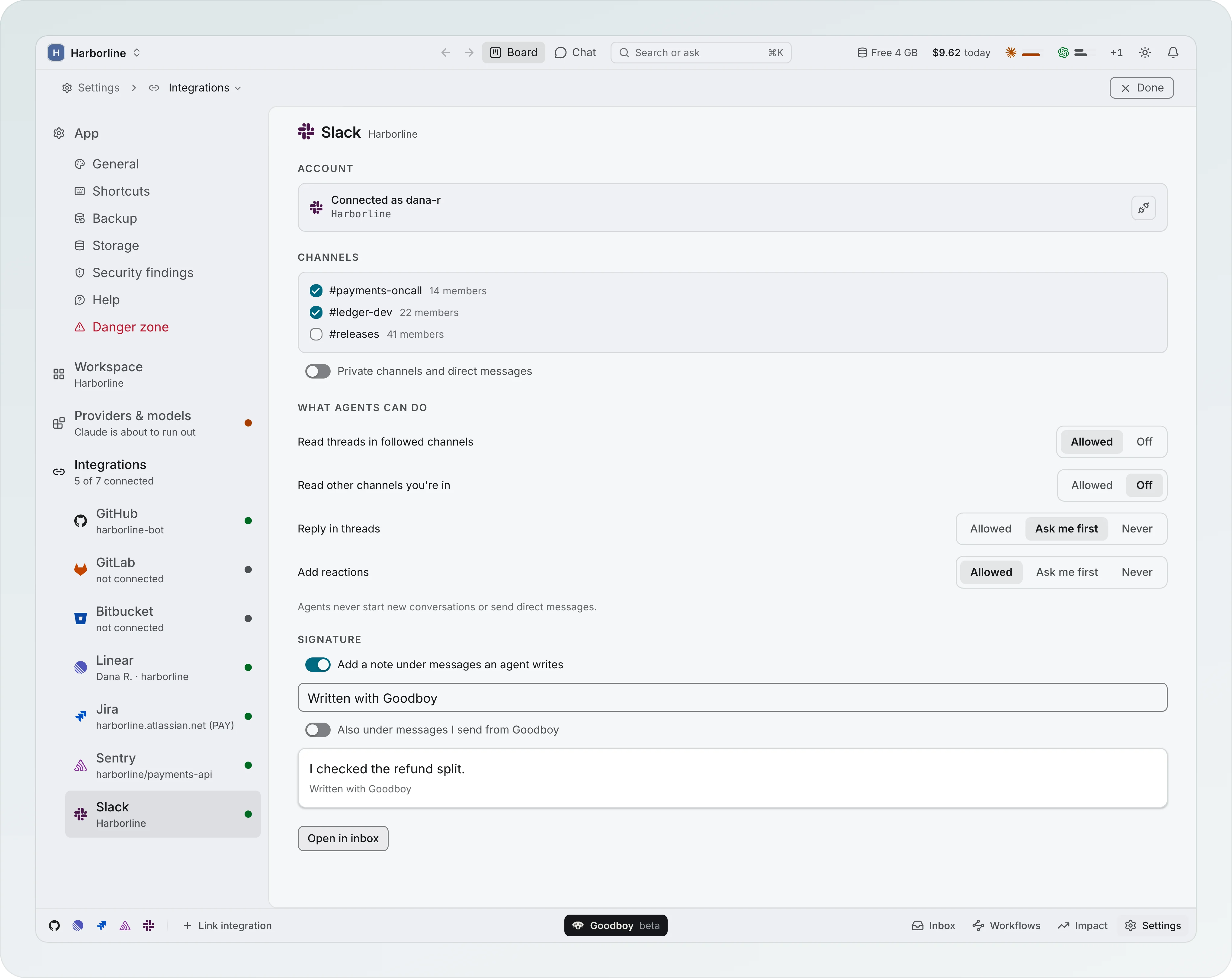 Settings, Integrations, Slack for Harborline: the channels #payments-oncall and #ledger-dev picked, and under What agents can do, Read threads in followed channels Allowed, Read other channels you are in Off, Reply in threads Ask me first, Add reactions Allowed