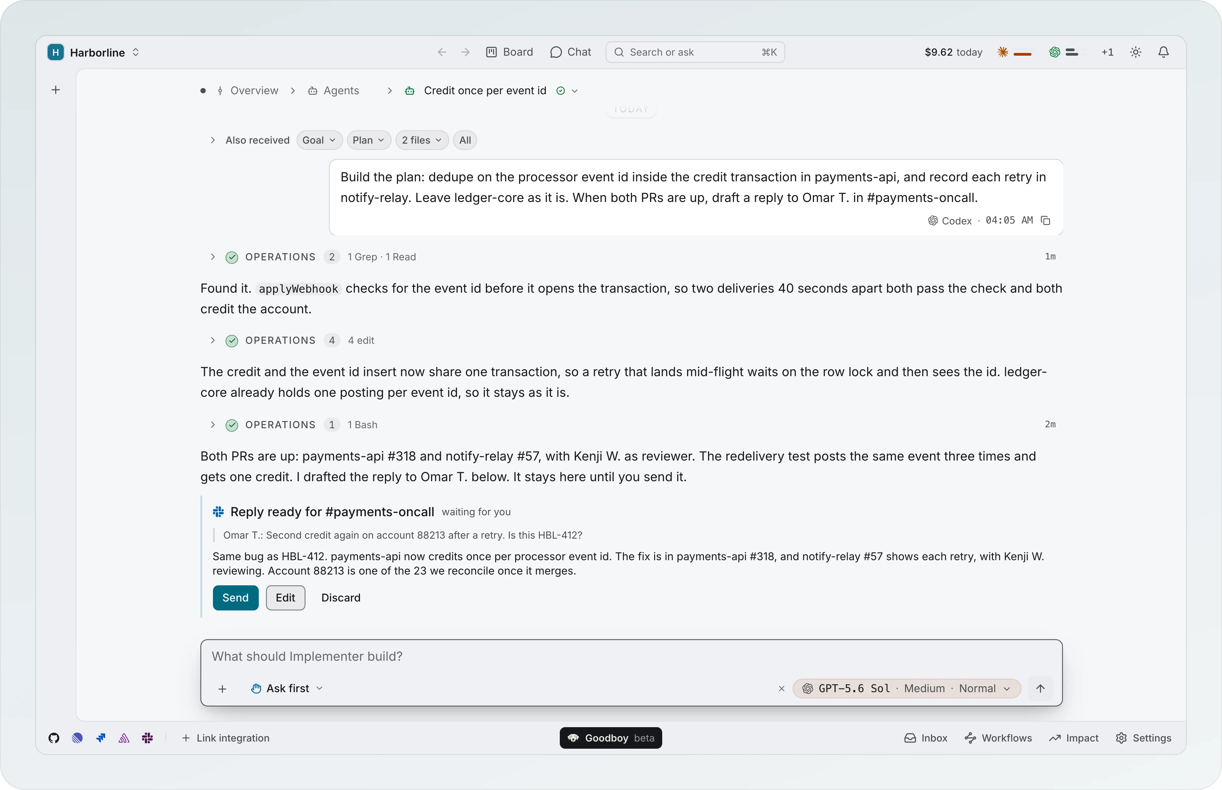 A session transcript with a card titled Reply ready for #payments-oncall, waiting for you, quoting Omar T. and holding a drafted answer about payments-api #318 and notify-relay #57, with the buttons Send, Edit and Discard