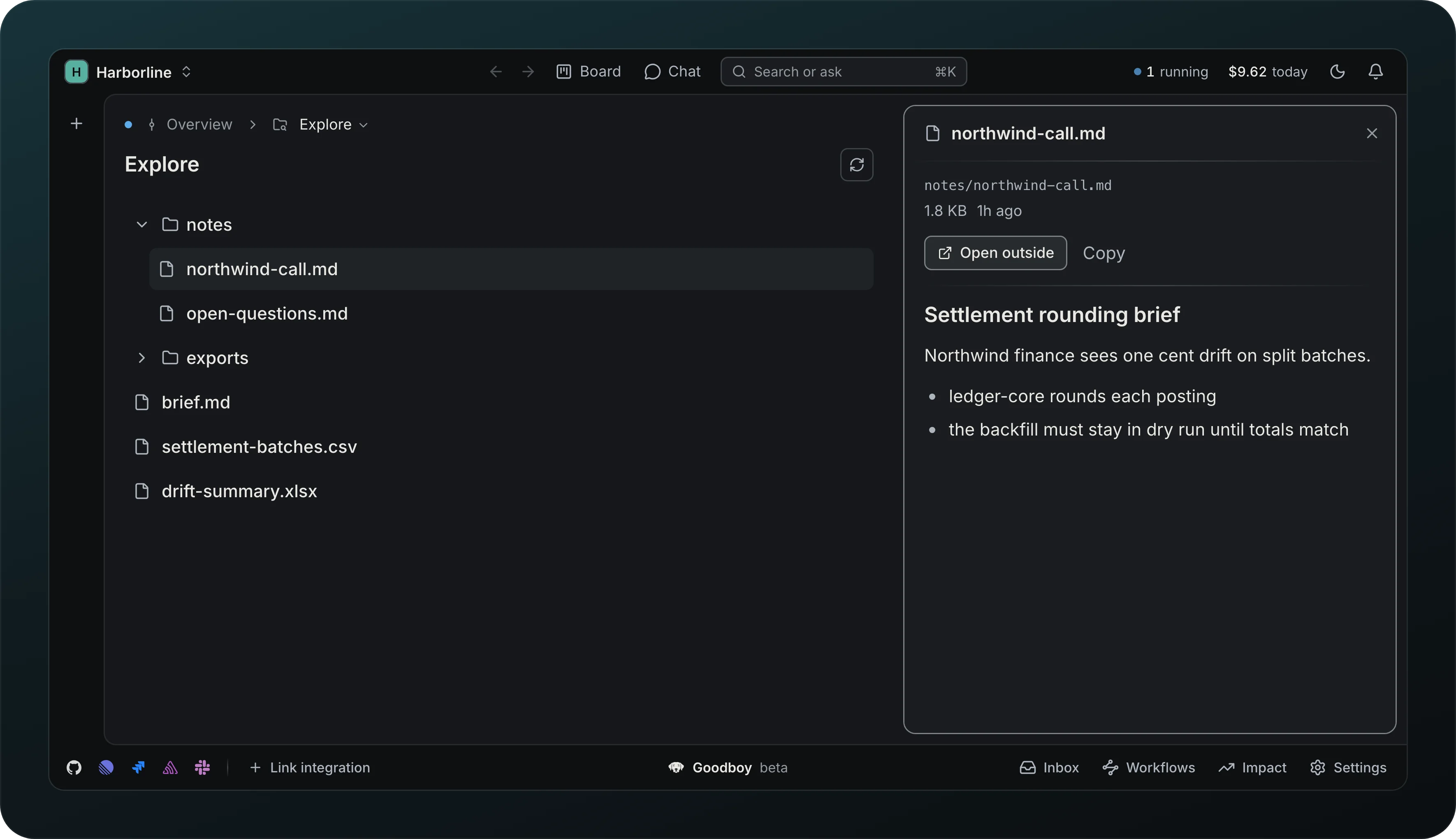 Explore in Harborline: the session folder as a file tree with the notes and exports folders and brief.md, settlement-batches.csv and drift-summary.xlsx, and the northwind-call.md preview on the right with its path, size, Open outside and Copy