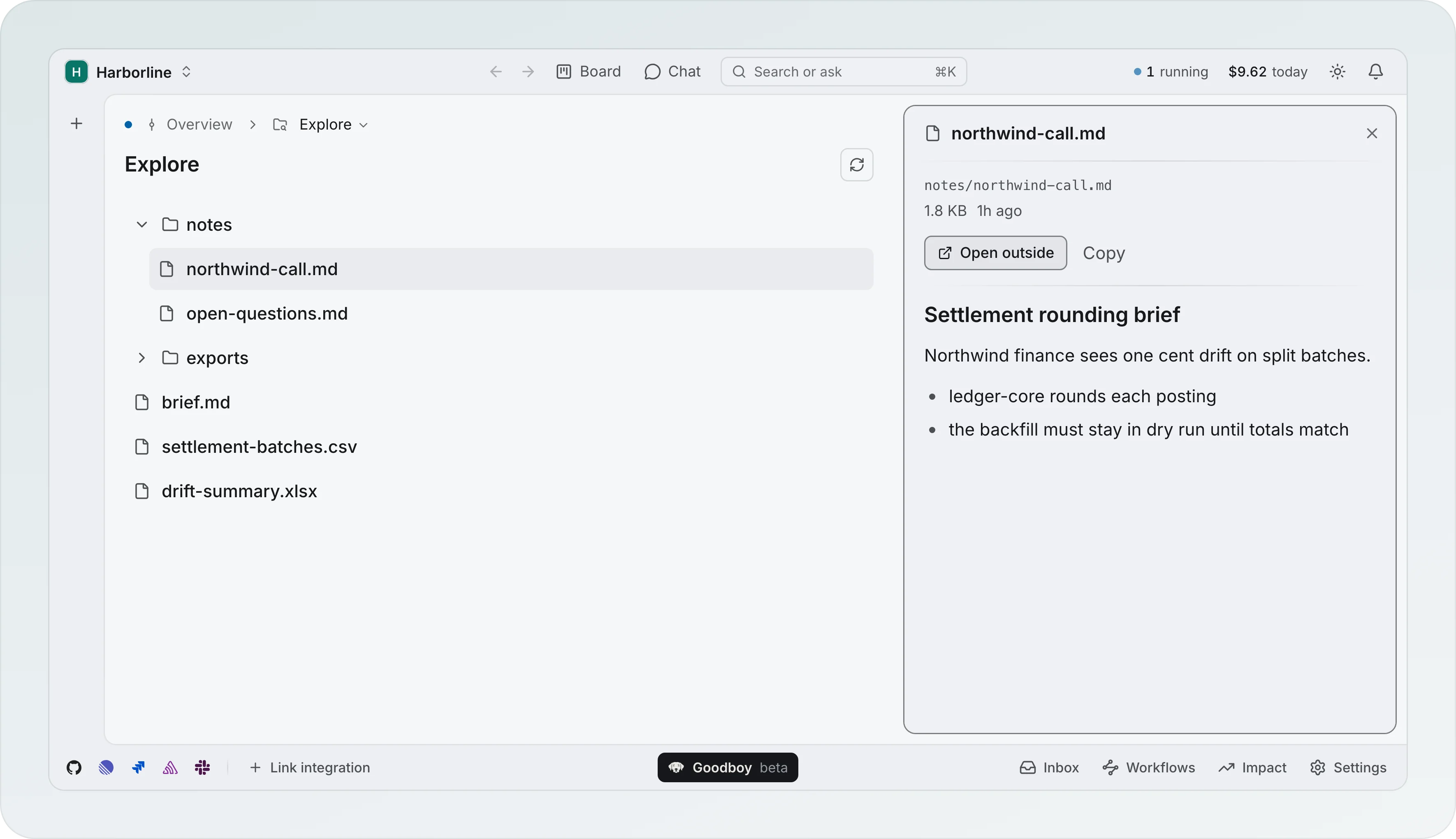 Explore in Harborline: the session folder as a file tree with the notes and exports folders and brief.md, settlement-batches.csv and drift-summary.xlsx, and the northwind-call.md preview on the right with its path, size, Open outside and Copy
