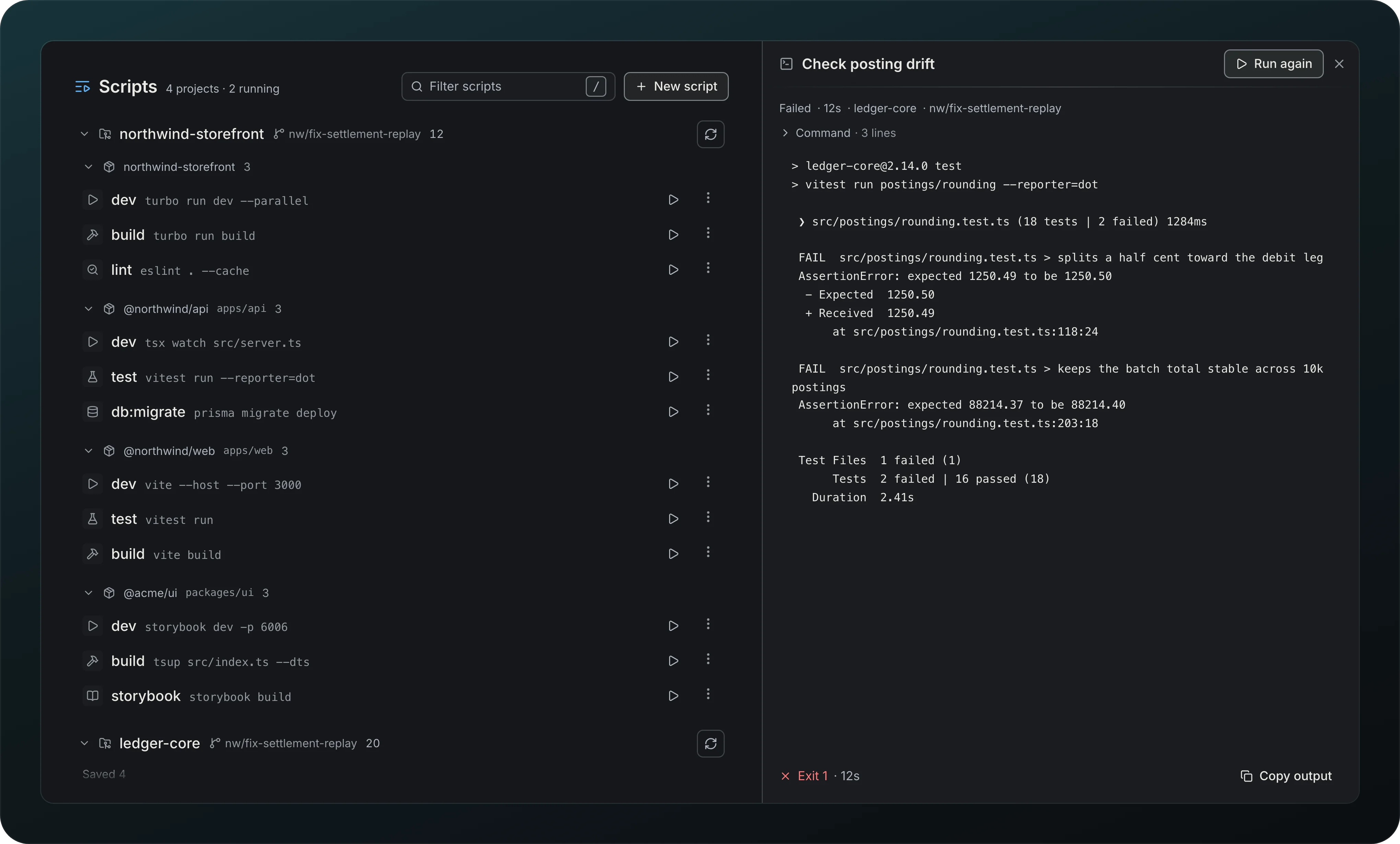 The Scripts page with the Check posting drift drawer open on the right: Failed after 12s in ledger-core on nw/fix-settlement-replay, a Command line, the failing vitest output, Run again, Exit 1 and Copy output