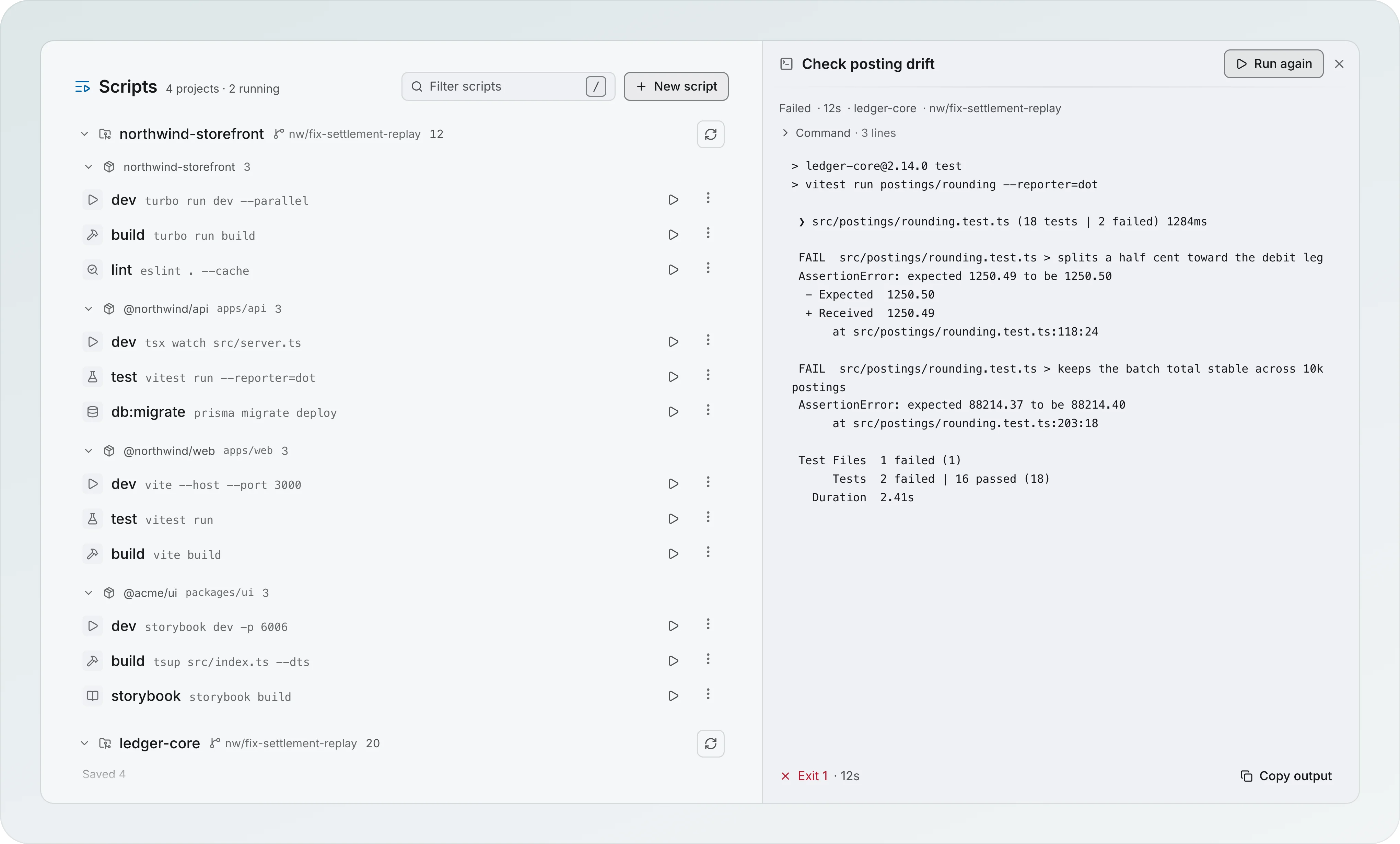 The Scripts page with the Check posting drift drawer open on the right: Failed after 12s in ledger-core on nw/fix-settlement-replay, a Command line, the failing vitest output, Run again, Exit 1 and Copy output