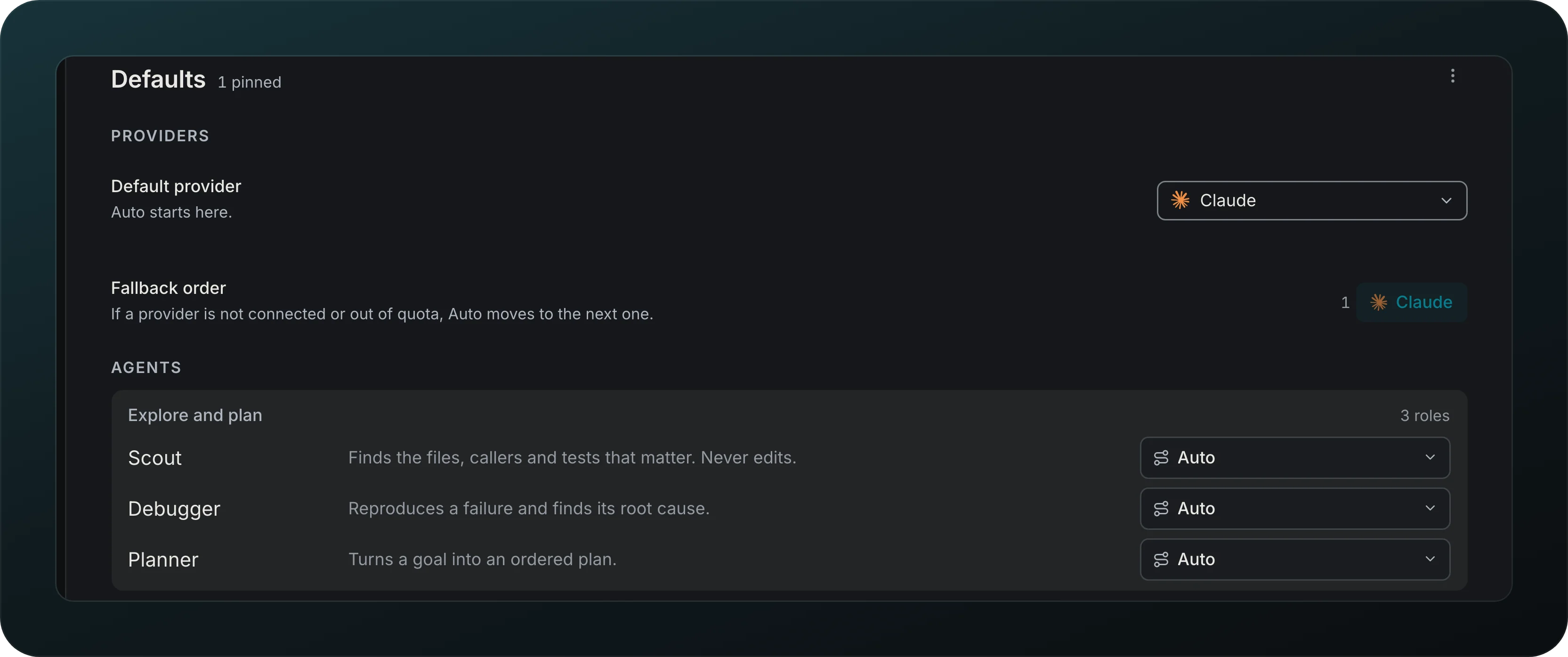 Settings, Providers and models, Defaults: Default provider set to Claude with the note Auto starts here, Fallback order with Claude first, and the Explore and plan roles Scout, Debugger and Planner, each with an Auto picker