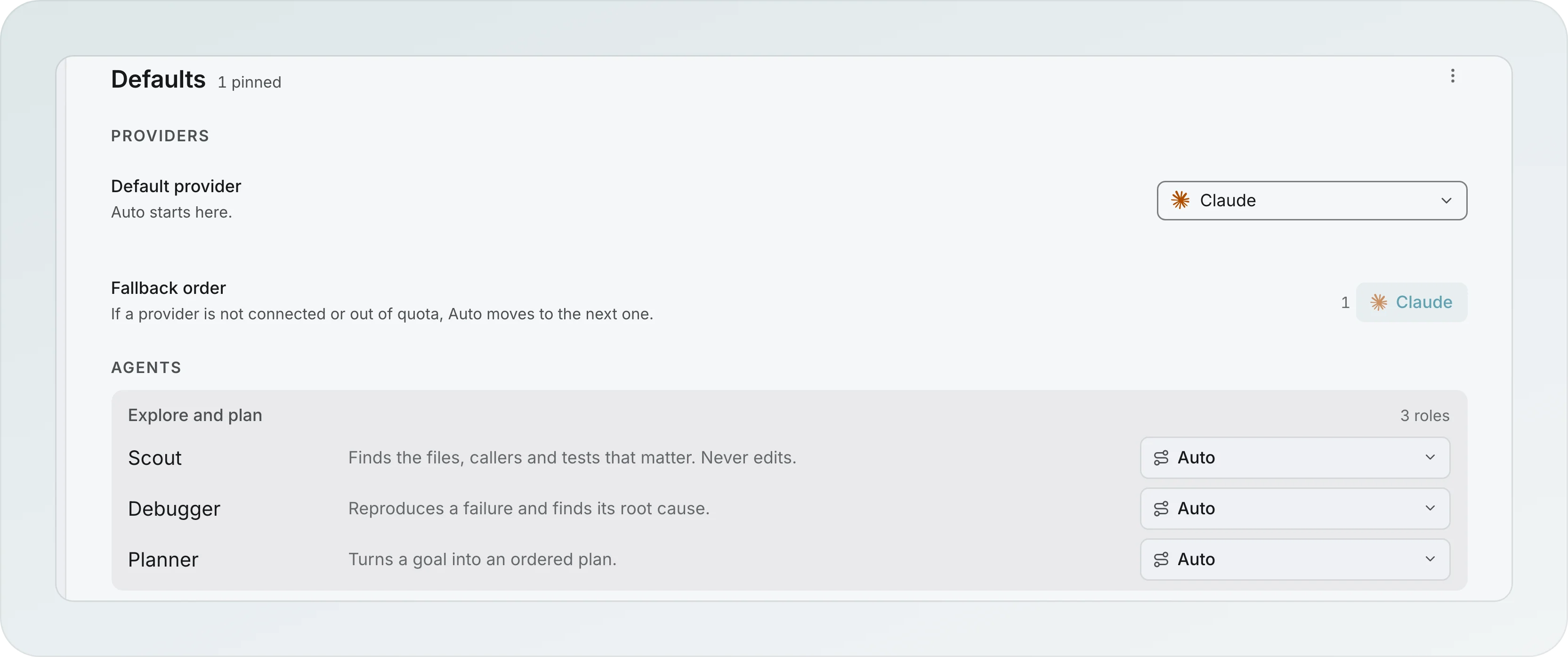Settings, Providers and models, Defaults: Default provider set to Claude with the note Auto starts here, Fallback order with Claude first, and the Explore and plan roles Scout, Debugger and Planner, each with an Auto picker