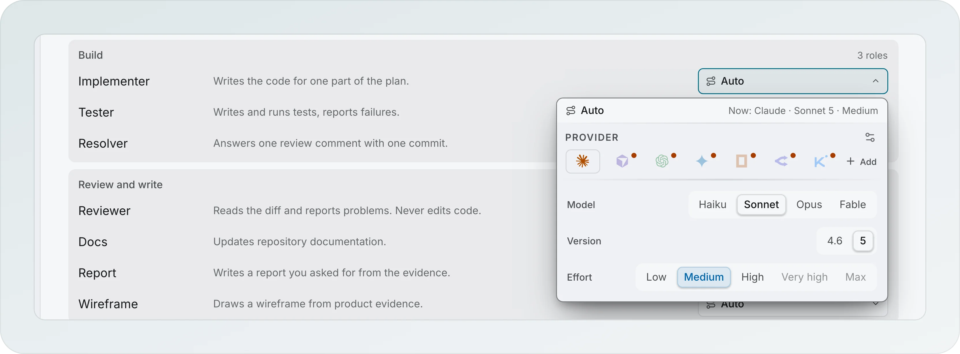 The model picker opened on the Implementer role in Defaults: Auto with what it resolves to now, Claude Sonnet 5 Medium, then Provider icons, Model chips Haiku, Sonnet, Opus and Fable, Version 4.6 and 5, and Effort from Low to Max