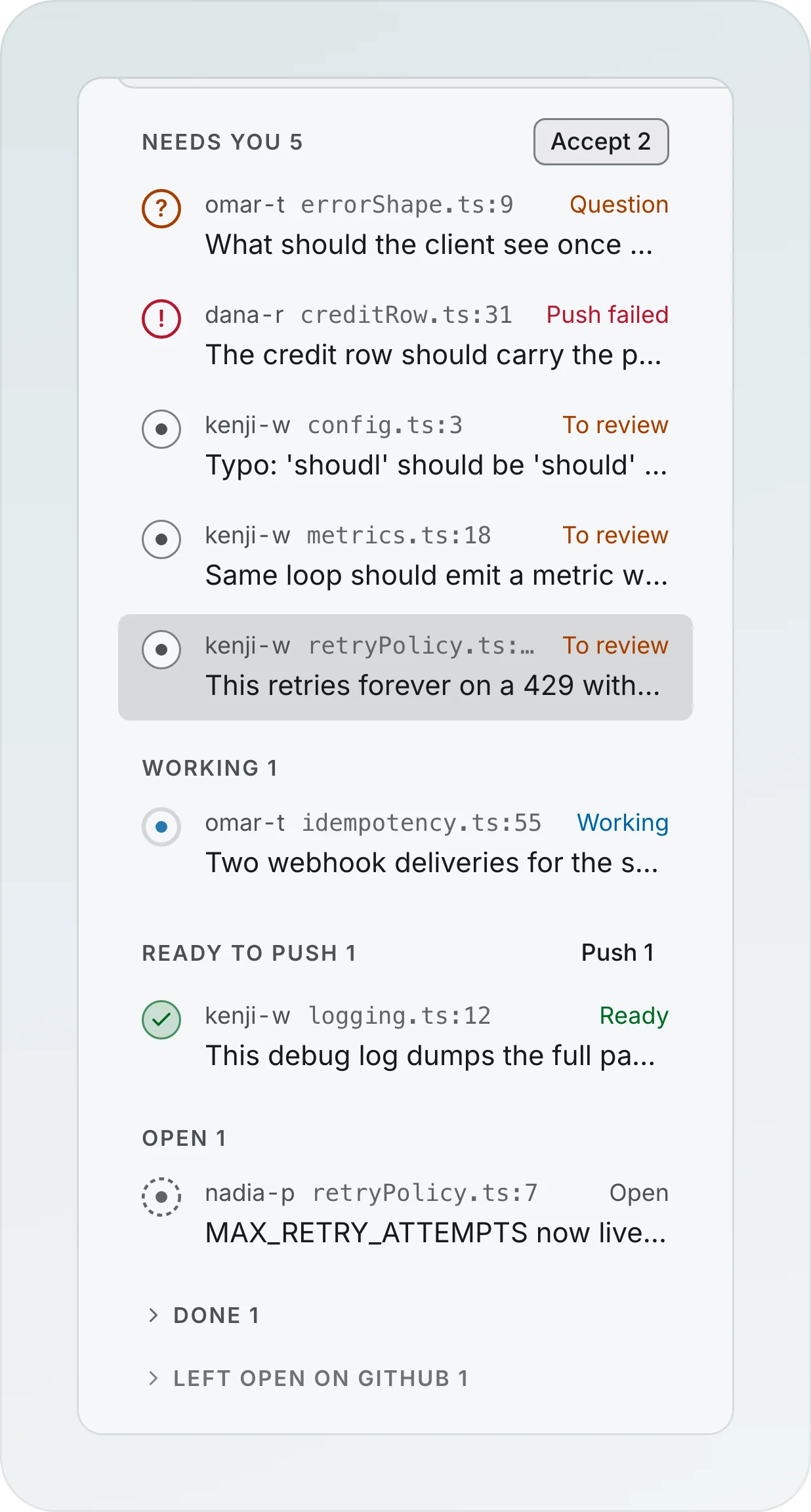 The comment list of the Branch page with the groups Needs you 5 with Accept 2, Working 1, Ready to push 1 with Push 1 and Open 1, then Done 1 and Left open on GitHub 1 folded, each row marked Question, Push failed, To review, Working, Ready or Open