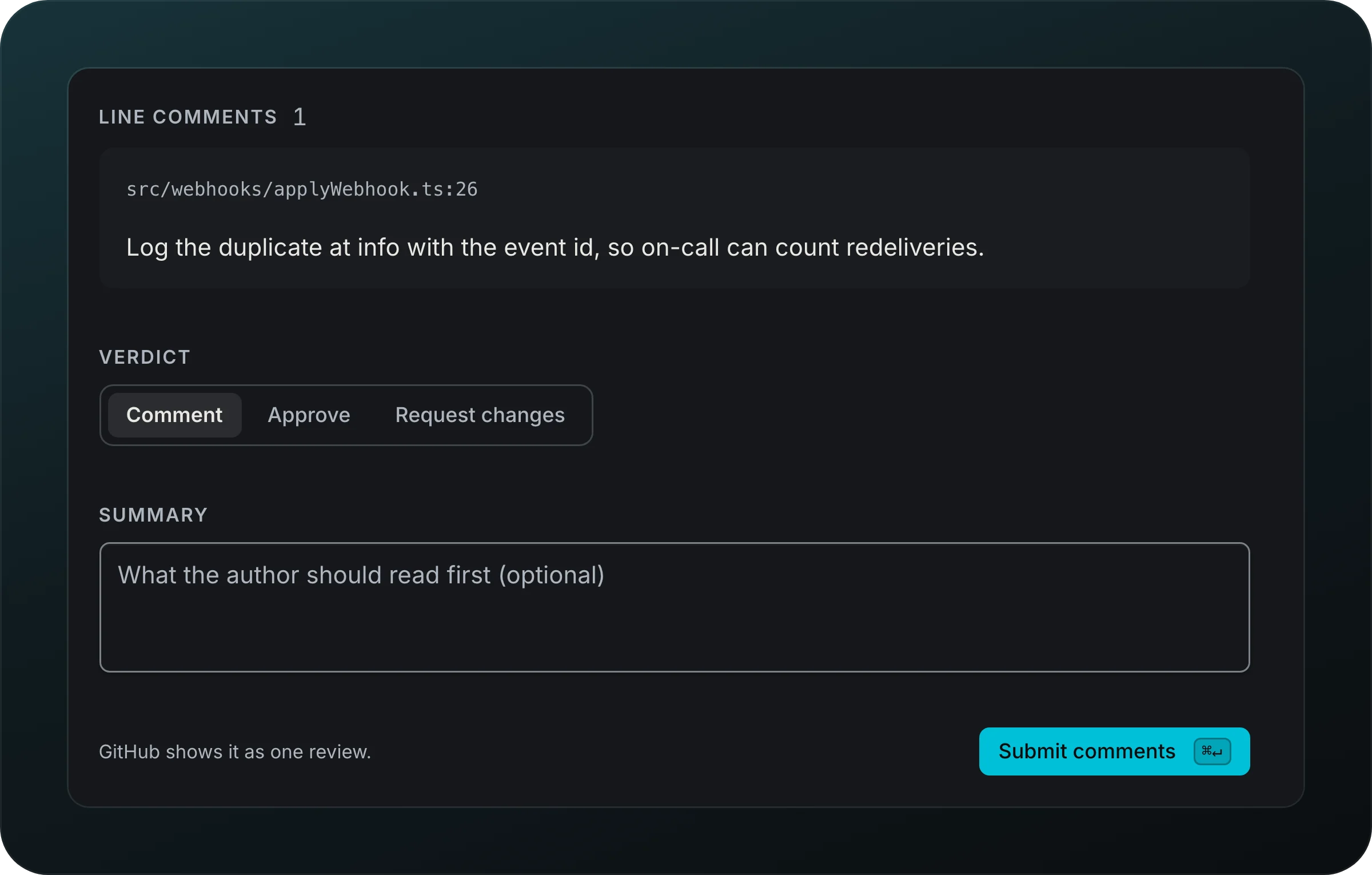 The Write review form under a diff: Line comments 1 for src/webhooks/applyWebhook.ts:26, a Verdict of Comment, Approve or Request changes, an optional Summary, and a Submit comments button