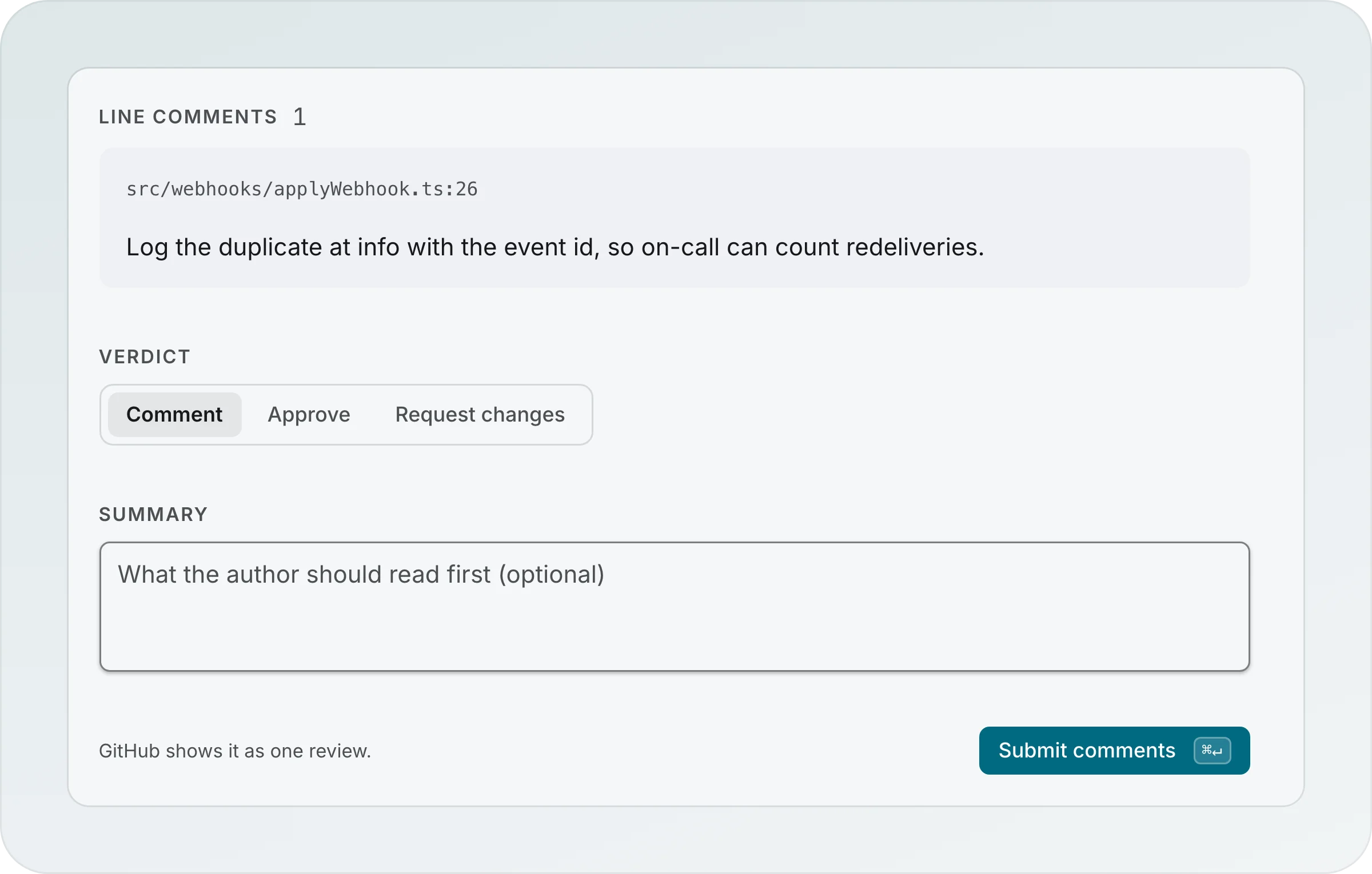 The Write review form under a diff: Line comments 1 for src/webhooks/applyWebhook.ts:26, a Verdict of Comment, Approve or Request changes, an optional Summary, and a Submit comments button