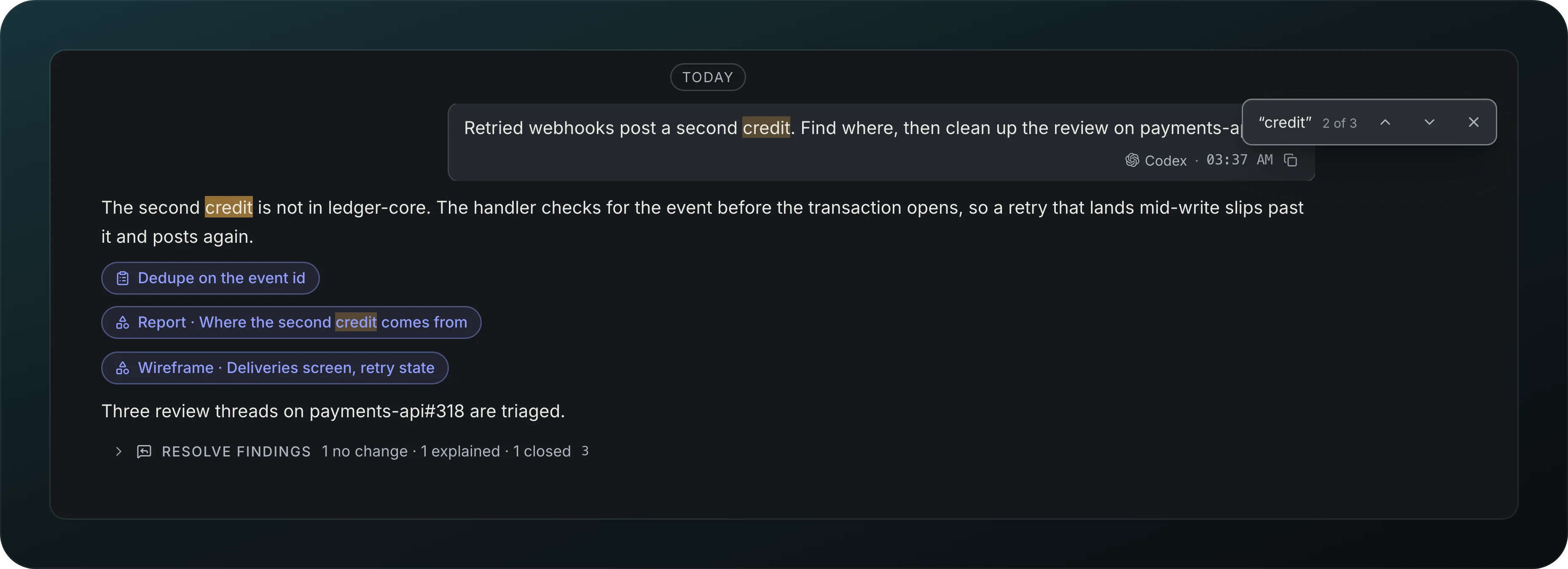 The session transcript after opening a hit, with credit highlighted in the messages and a find bar reading credit, 2 of 3, with previous, next and close buttons