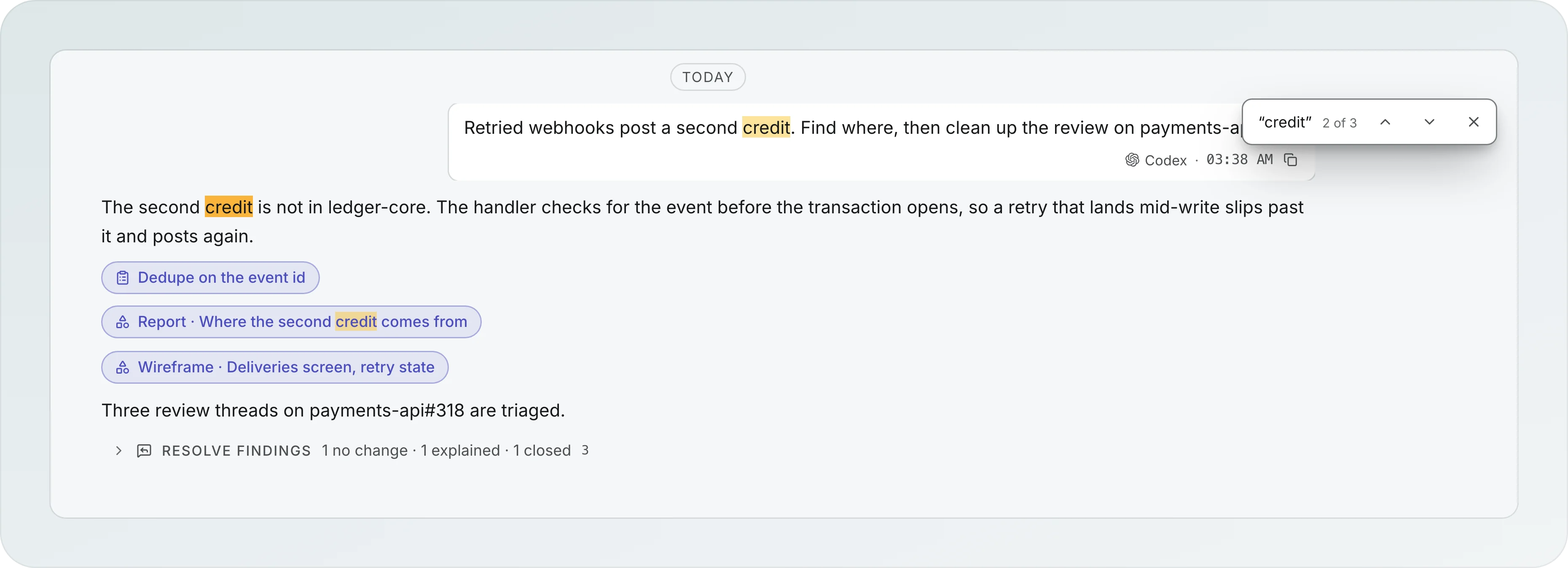 The session transcript after opening a hit, with credit highlighted in the messages and a find bar reading credit, 2 of 3, with previous, next and close buttons