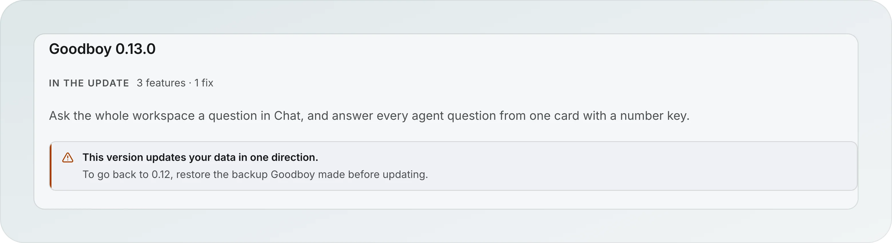The changelog entry for Goodboy 0.13.0, In the update, 3 features and 1 fix, with the notice: This version updates your data in one direction. To go back to 0.12, restore the backup Goodboy made before updating