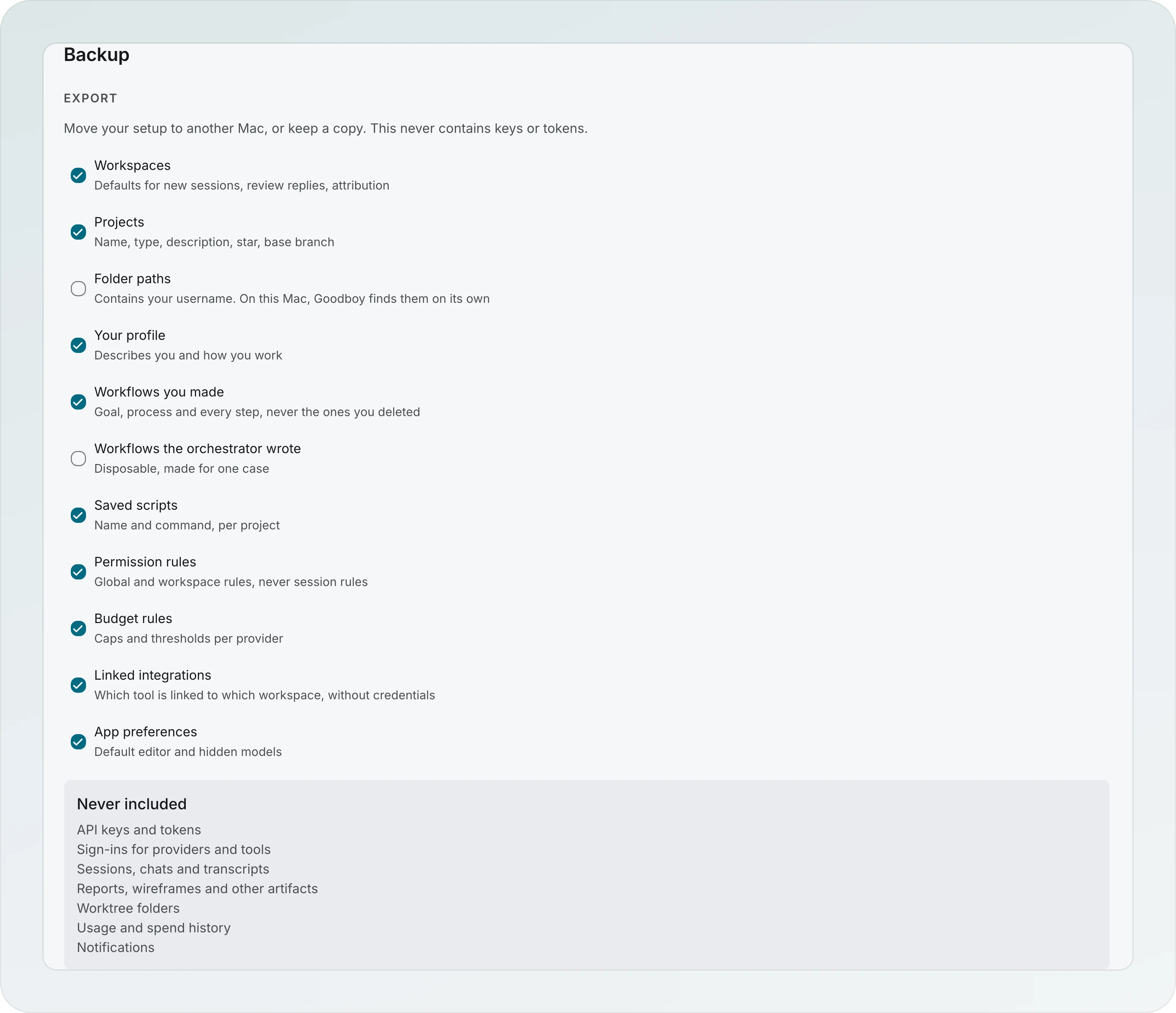 Settings, App, Backup, Export: checkboxes for Workspaces, Projects, Folder paths (off), Your profile, Workflows you made, Workflows the orchestrator wrote (off), Saved scripts, Permission rules, Budget rules, Linked integrations and App preferences, and a Never included box listing API keys and tokens, sign-ins, sessions, artifacts, worktree folders, usage history and notifications
